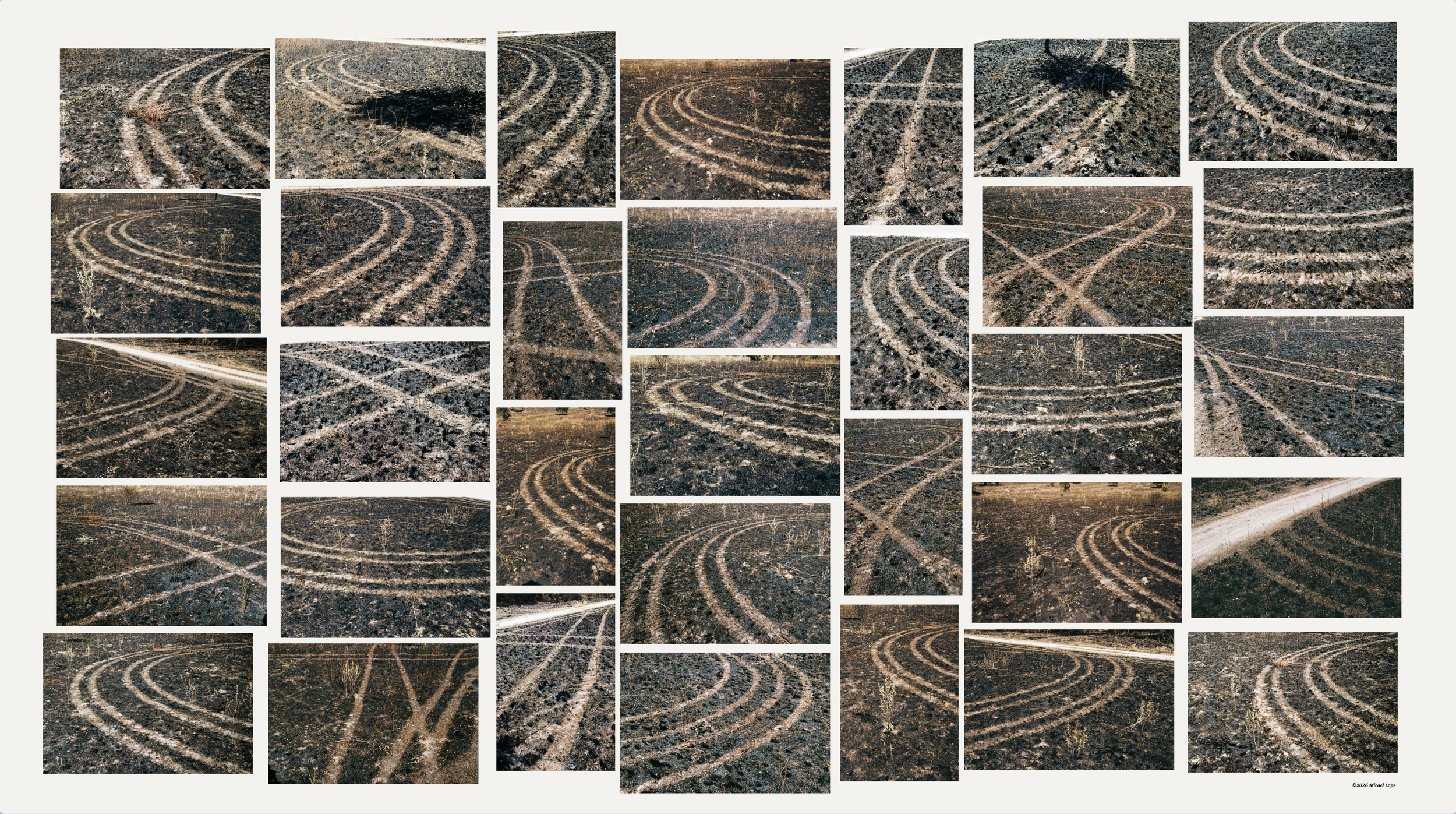 Imagen compuesta por varias fotos de huellas de ruedas en tierra, formando patrones circulares y líneas rectas.