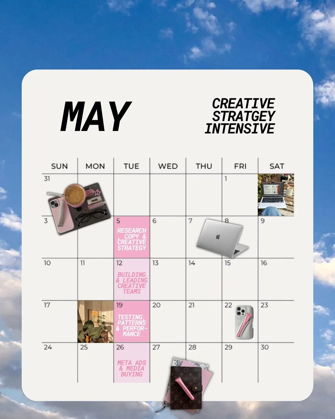 the may creative strategy intensive is here, mark your calanders ladies! ✍🏾 🗓️

5 weeks, 5 live expert sessions and everything you need to learn creative strategy and actually get paid for it.

here's what we're covering week by week 👋🏾

May 5 &r