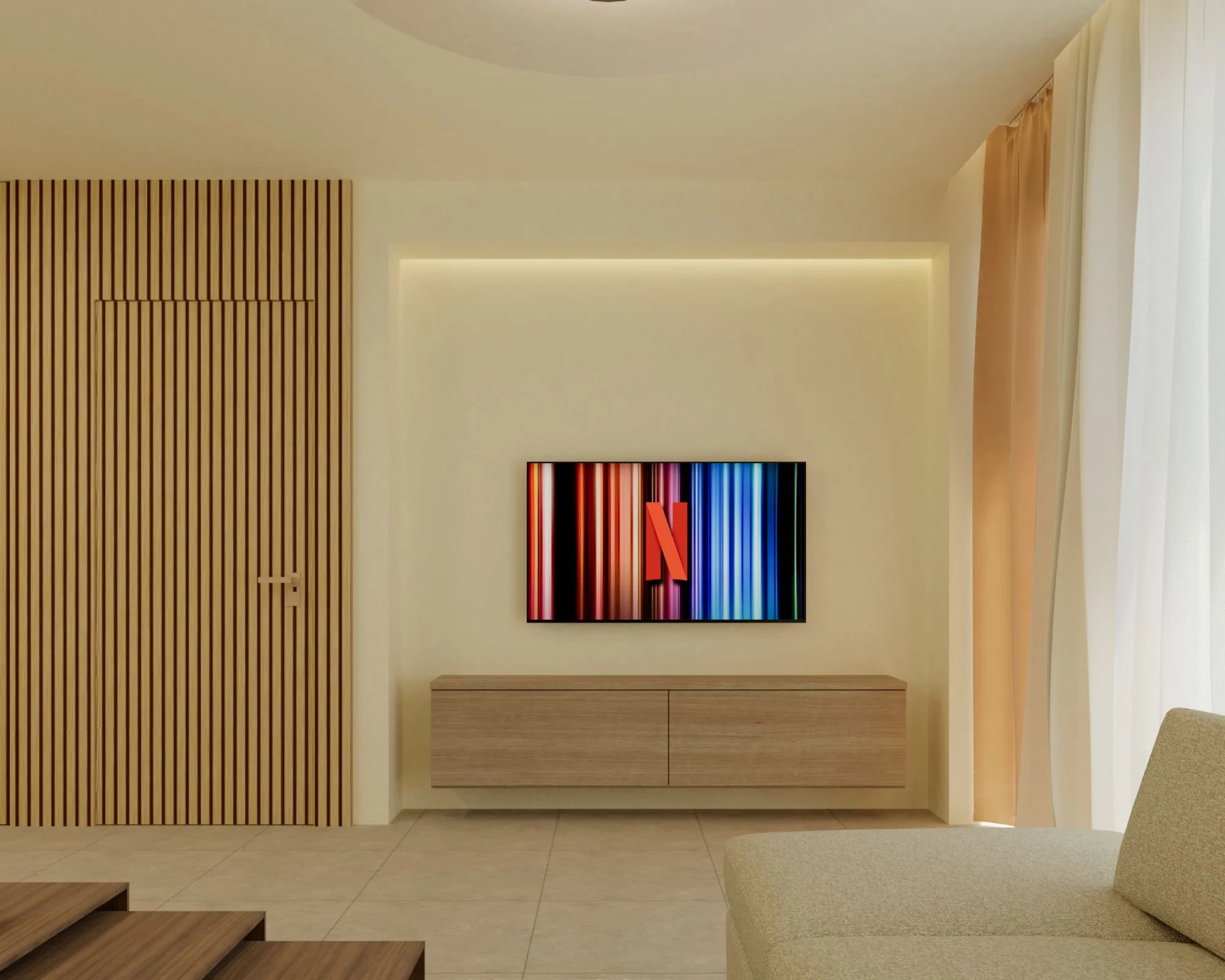 A living room designed to maximize it's functionality whilst maintaining it's aesthetic