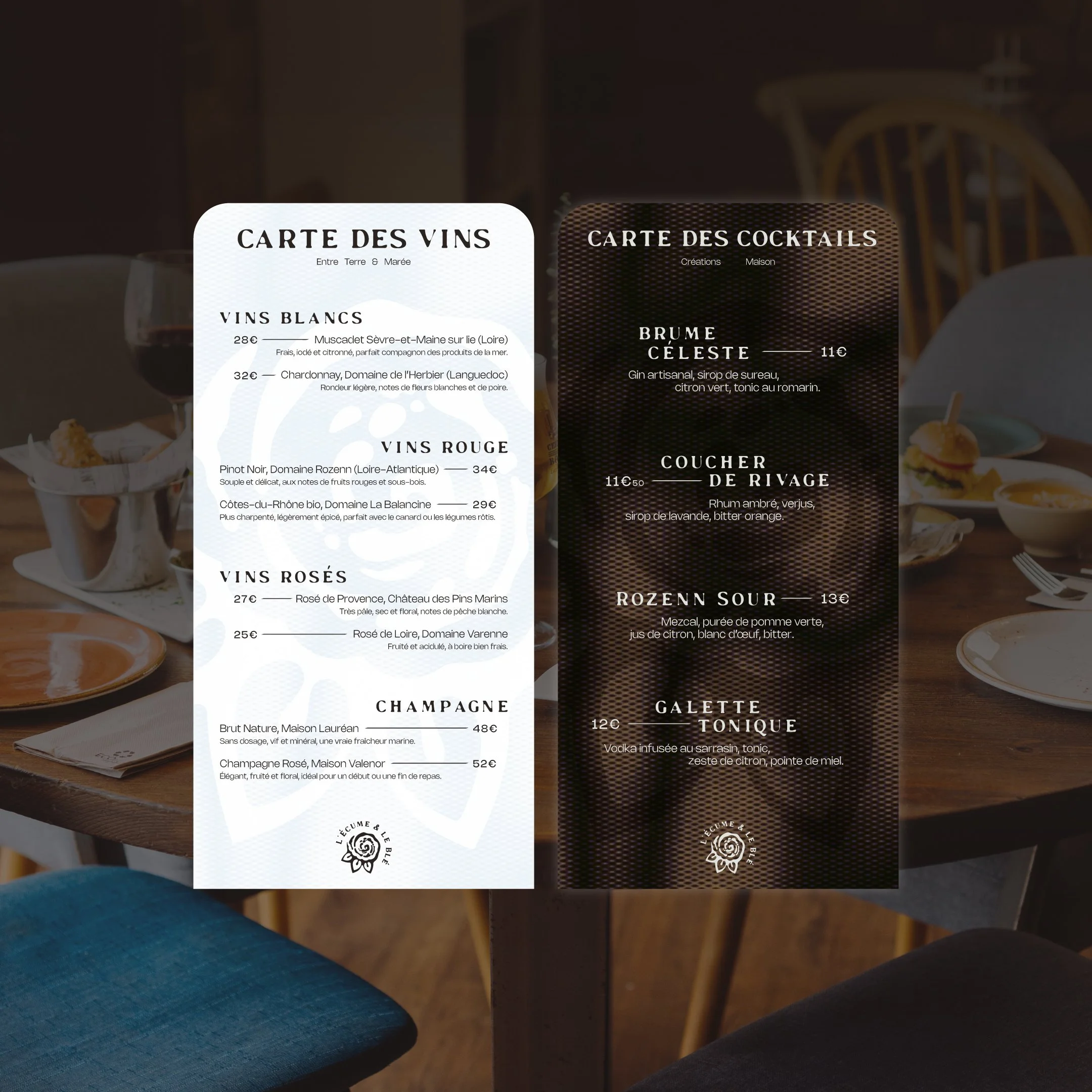 Cartes des vins et cocktails L’Écume & le Blé
