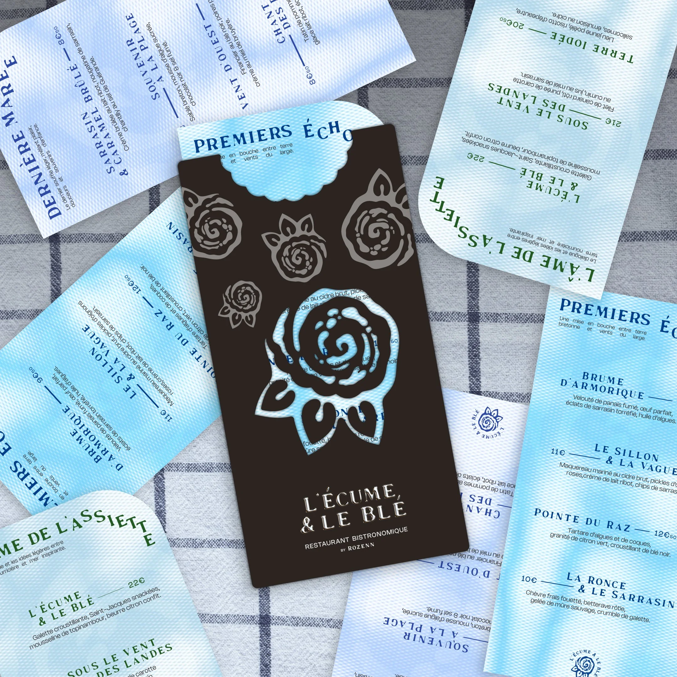 Menus éparpillés du restaurant L’Écume & le Blé