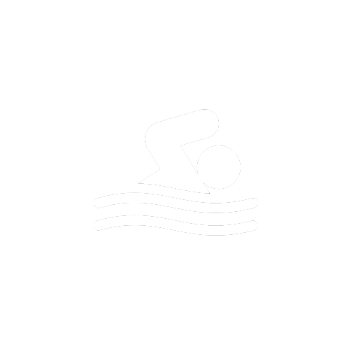 Swimmer icon in white on black background, depicting a person swimming with goggles and water waves.