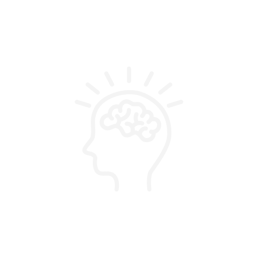 Line drawing of a human head with a brain inside, radiating lines around the head on a black background.