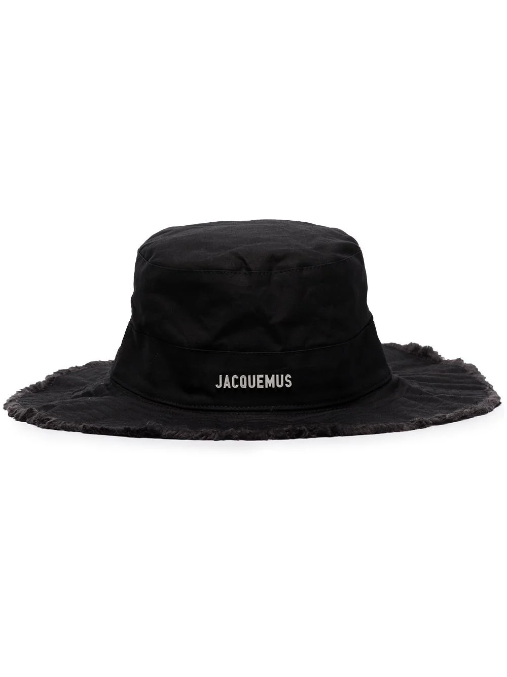 Black bucket hat with frayed brim and white 'JACQUEMUS' logo on front.
