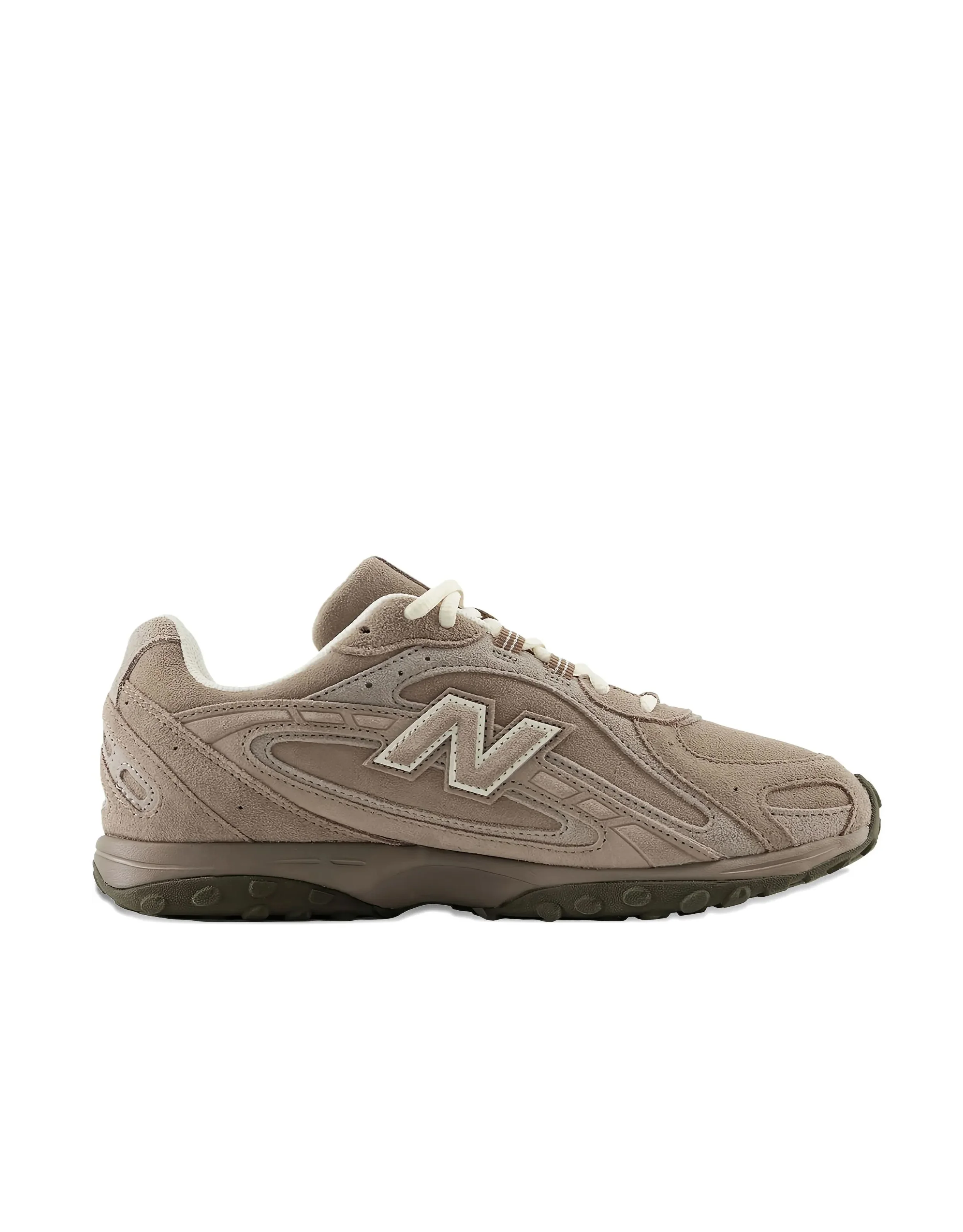 Beige New Balance sneaker with suede and mesh upper, white laces, and black sole, on a white background.