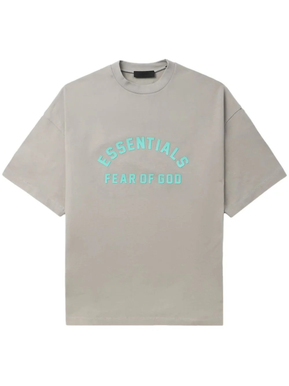 Grey T-shirt with blue text reading "ESSENTIALS FEAR OF GOD" on the front.