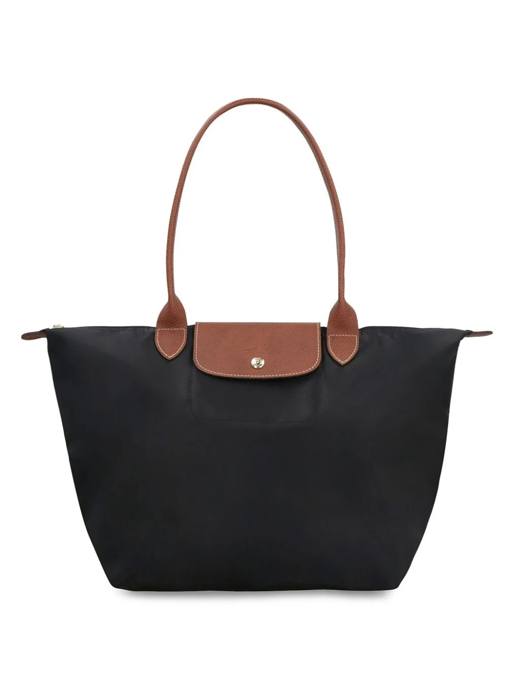 A black tote bag with brown leather handles and a brown leather flap with a snap closure.