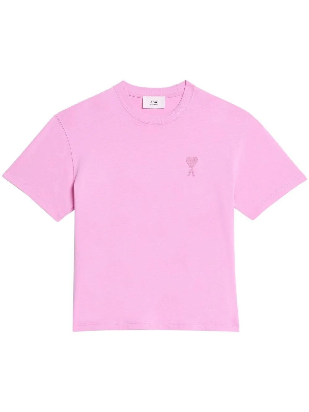 Pink short-sleeve T-shirt with a small embroidered heart near the left chest.