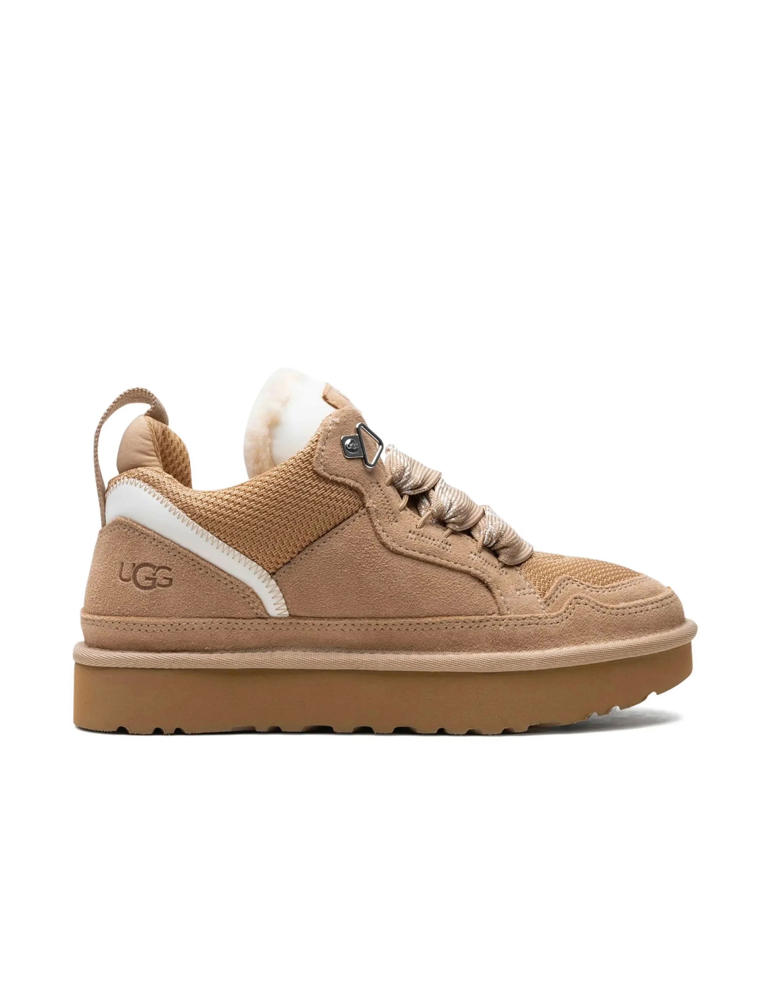 Beige UGG sneaker with suede and mesh materials, thick sole, and laces, displayed against a white background.
