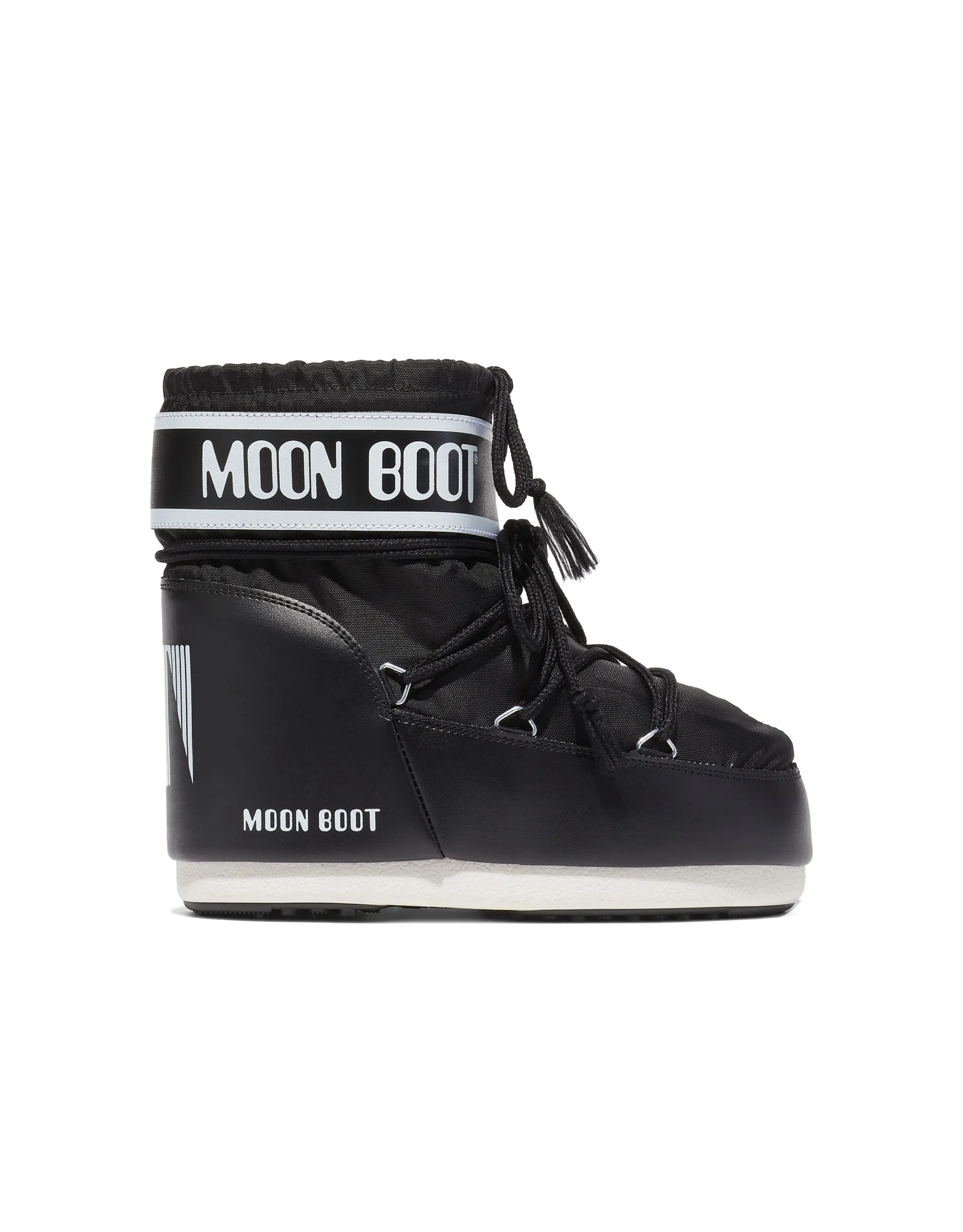 A black Moon Boot sneaker with white sole and branding, featuring laces and a high ankle design.