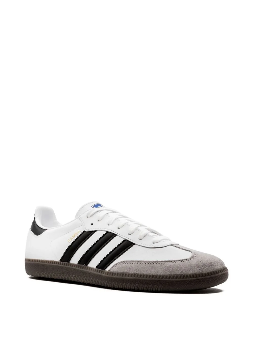 White athletic shoe with black stripes and a gray toe cap, positioned against a white background.