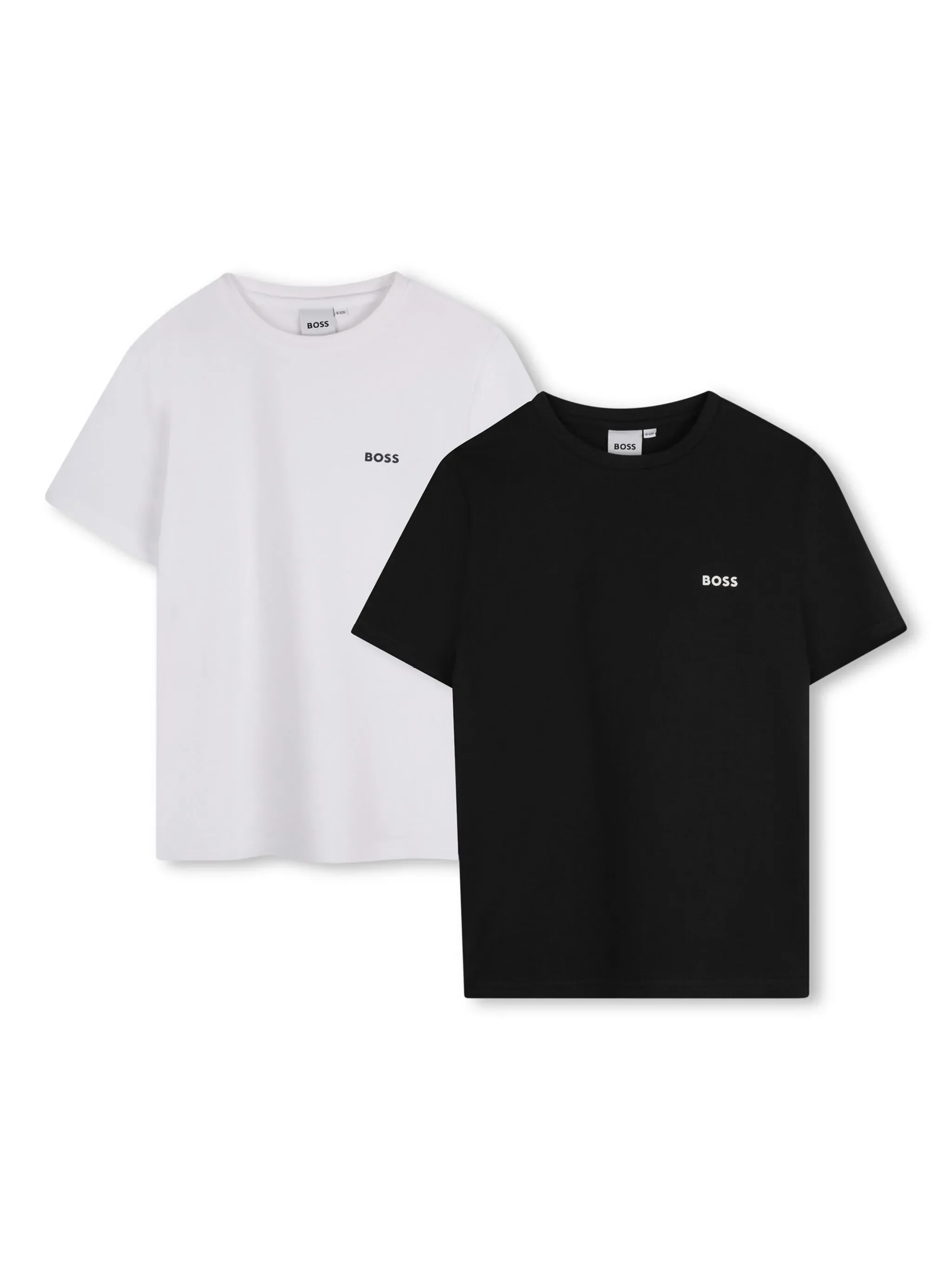 Two T-shirts, one white and one black, with the word 'BOSS' printed on the front.