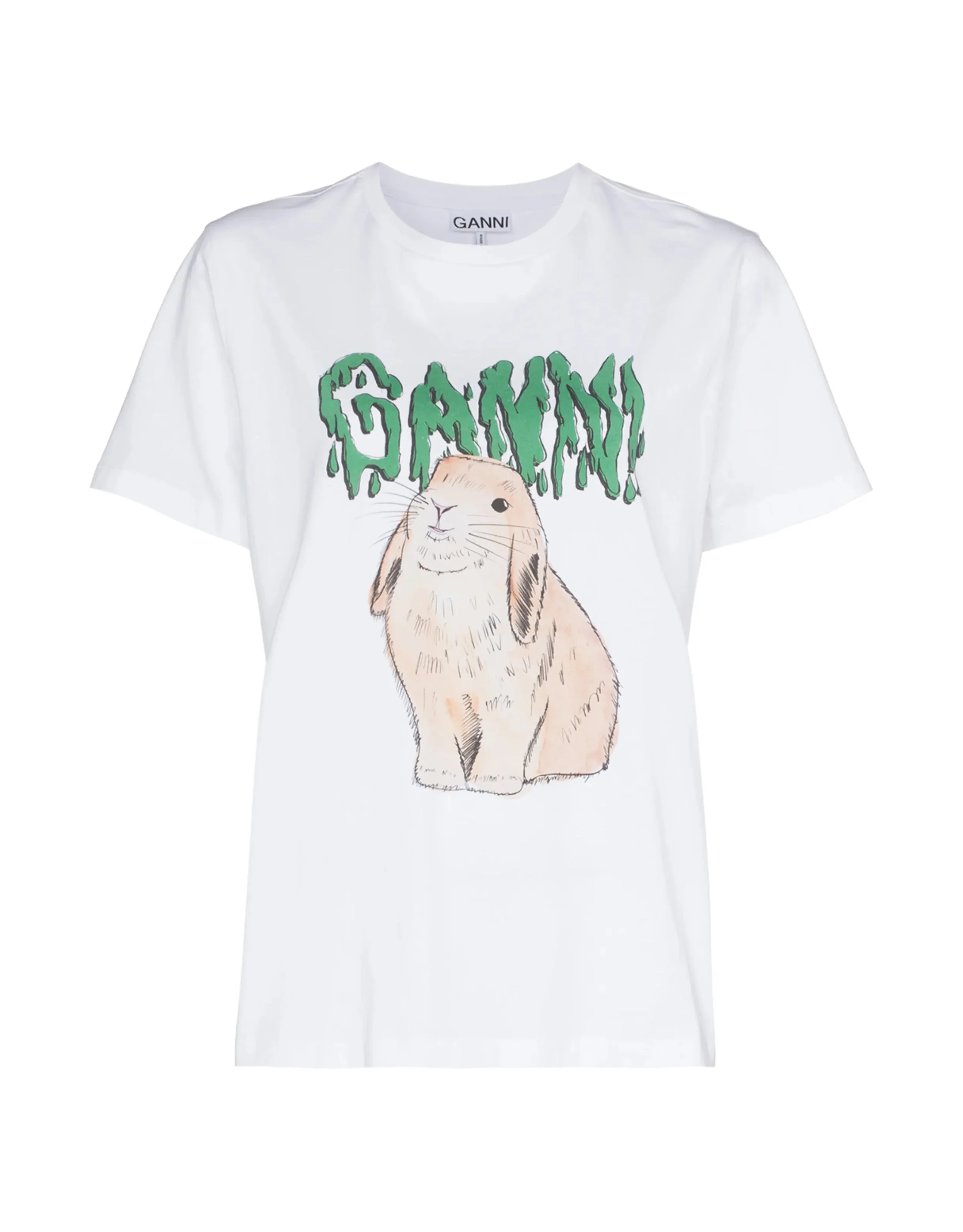 White T-shirt with a cartoon rabbit and green dripping text reading 'GANNI'.