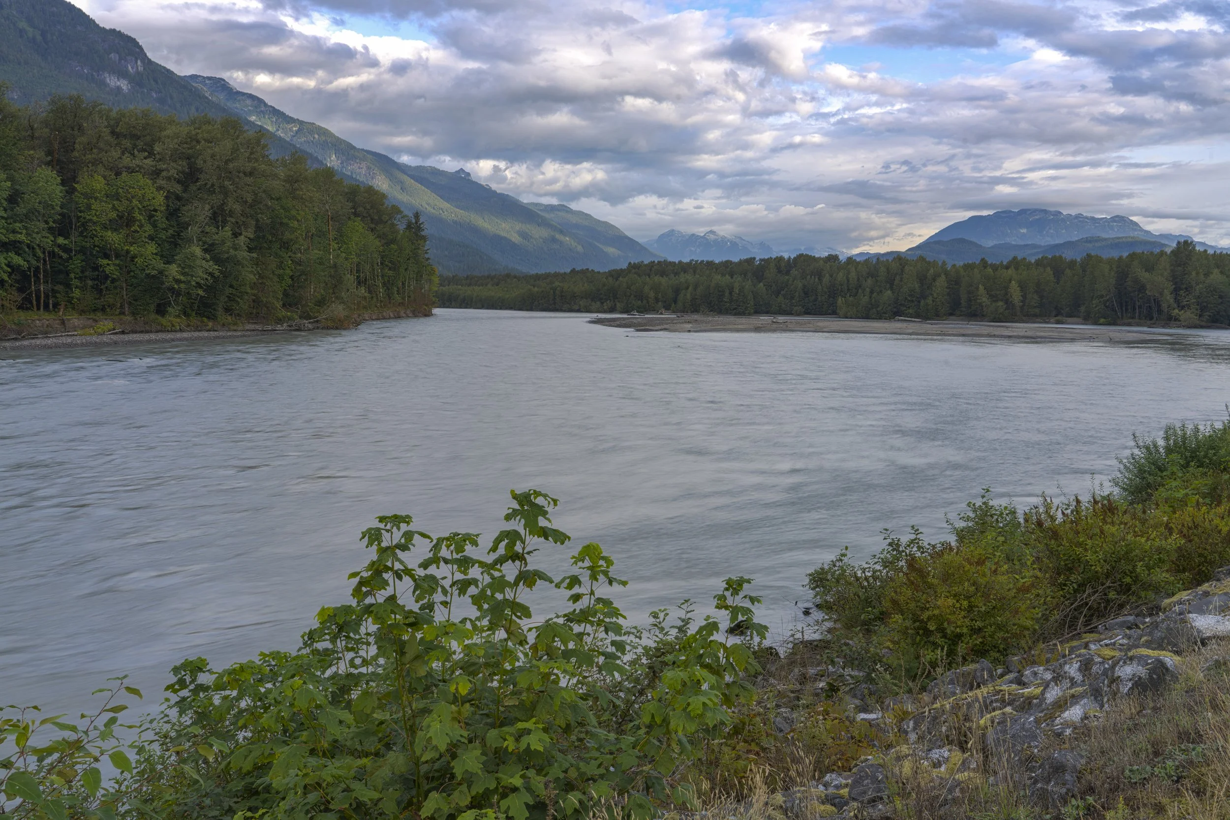 Zenith Mountain, Mt. Wood, Buck Mountain, Icecap Peak ridge, Cloudburst Mountain from Squamish River shore