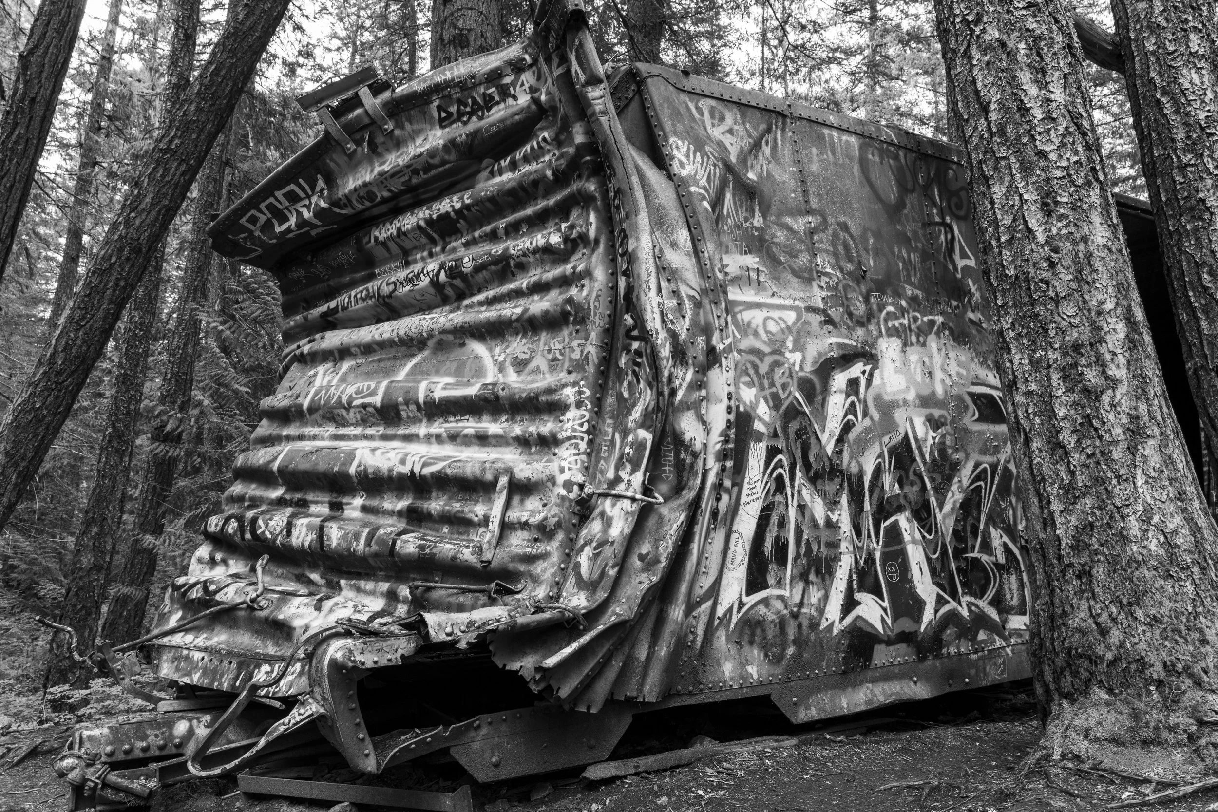Derailed boxcars from 1956 train wreck, Squamish-Lillooet District