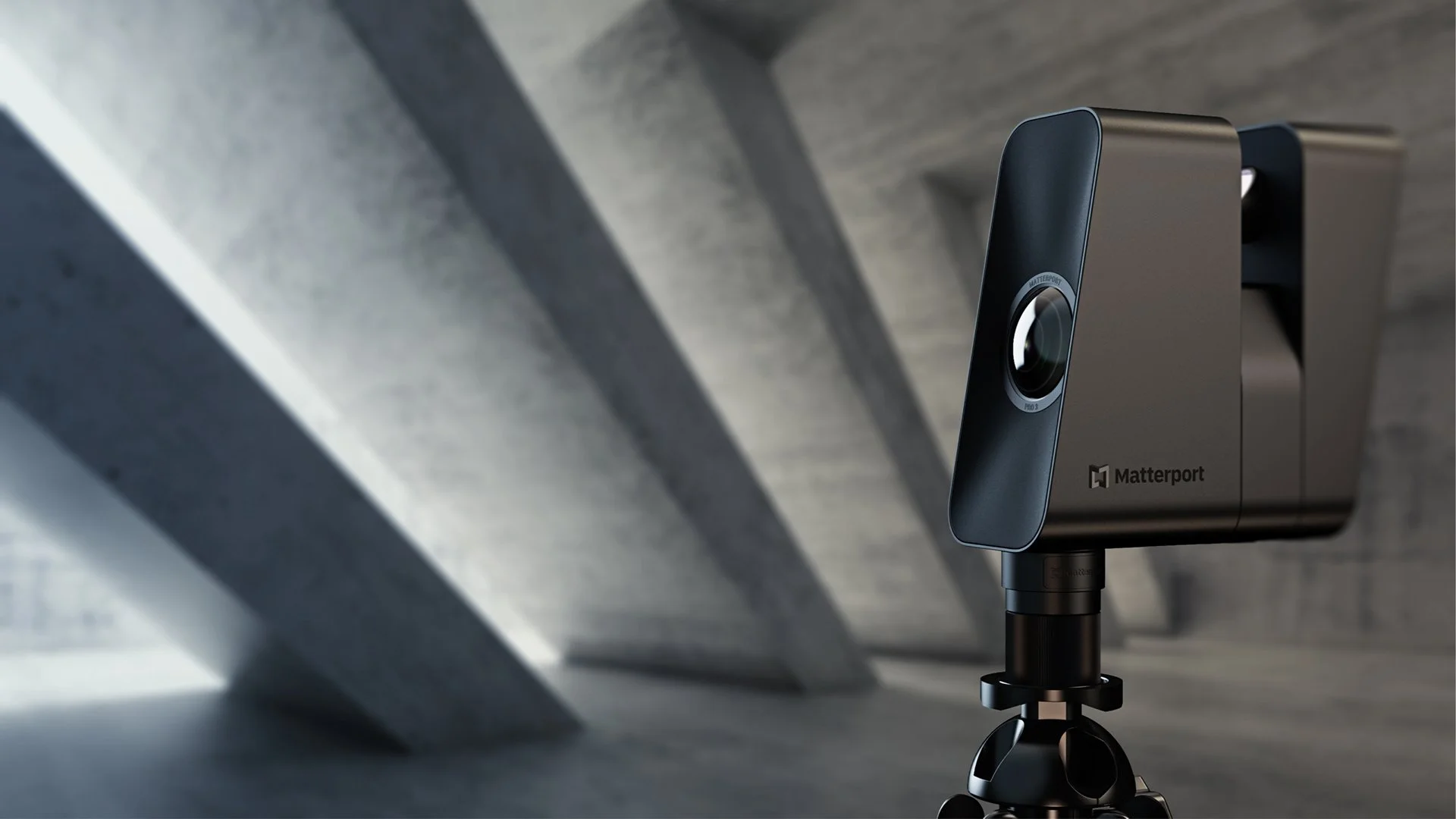 Matterport camera on tripod in a modern architectural setting.