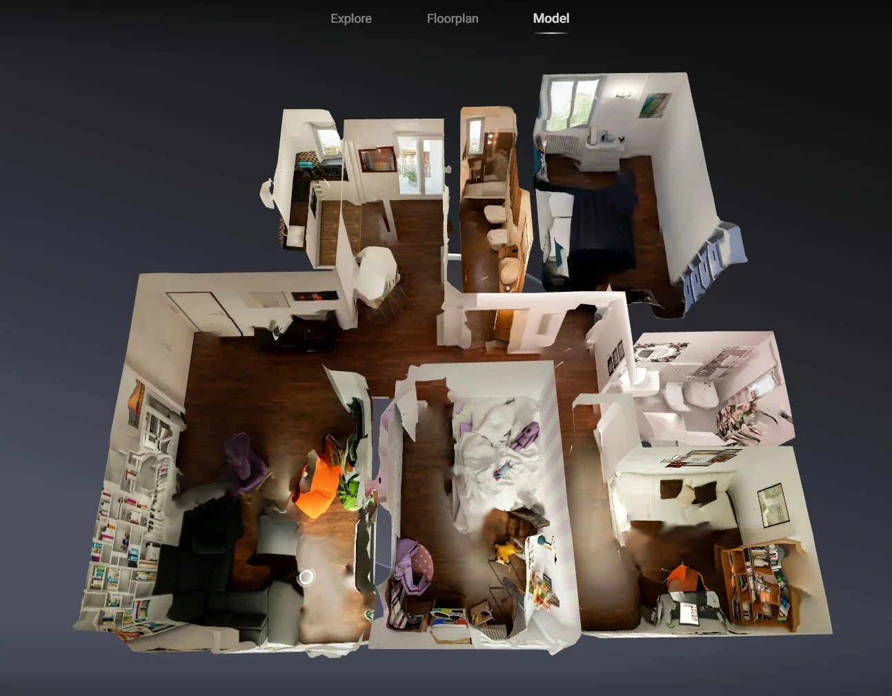 Modern bedroom with a bed, chair, and wall art, featuring large windows and bright sunlight.