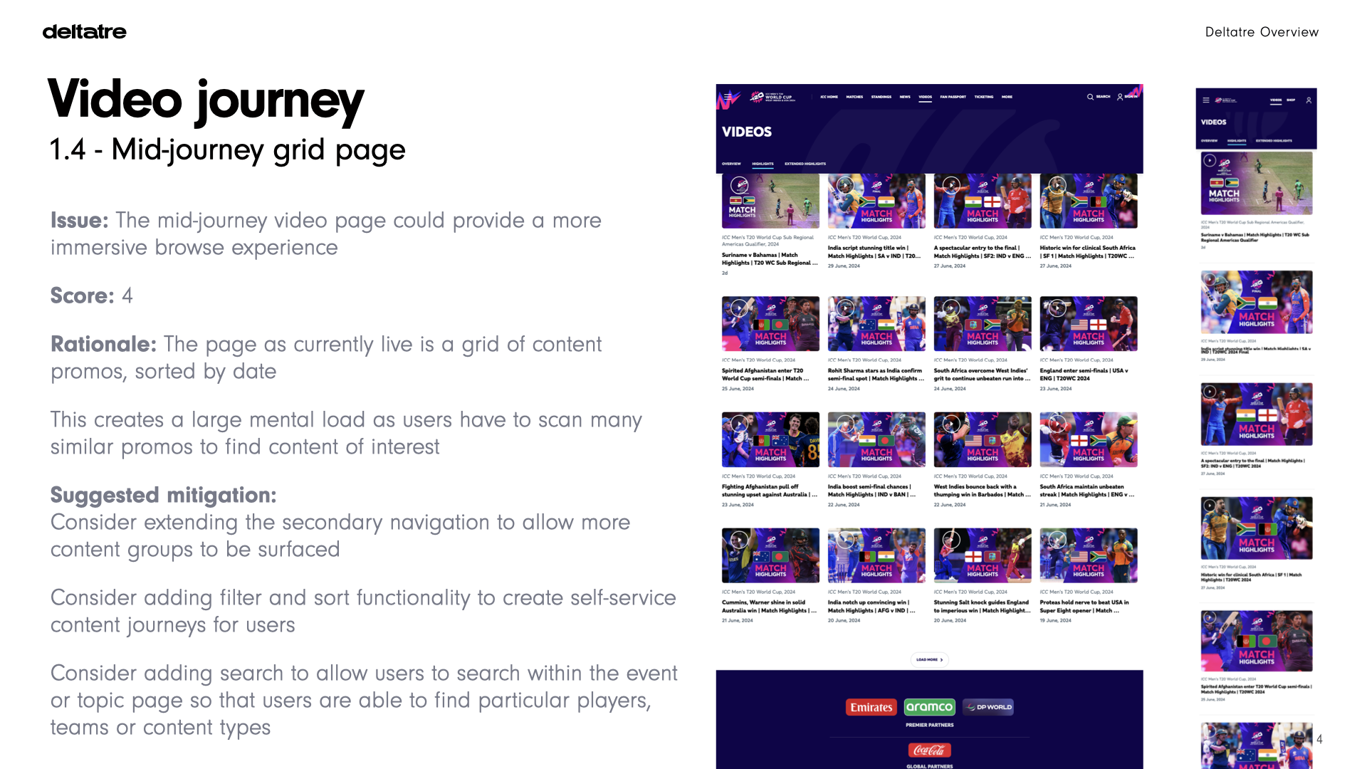 Page from the review report, highlighting that the mid-journey content page is a long, unsorted grid of content