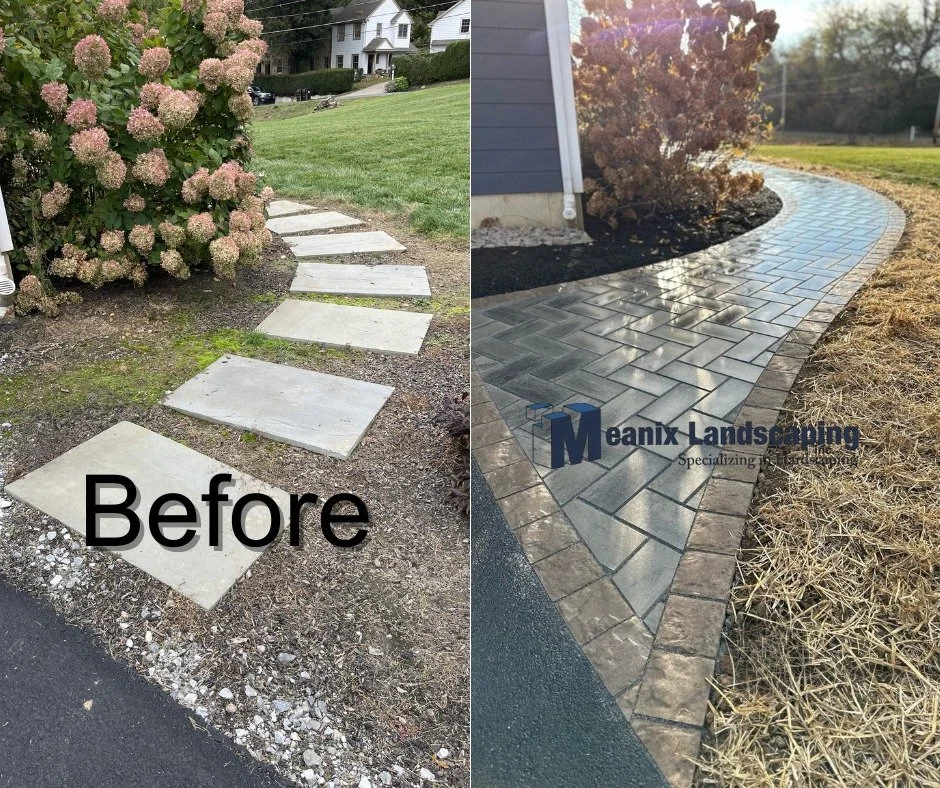 Before and After of a Techo Bloc walkway in Chester Springs PA #meanixlandscaping #walkway #techopro #chestercounty #mainline