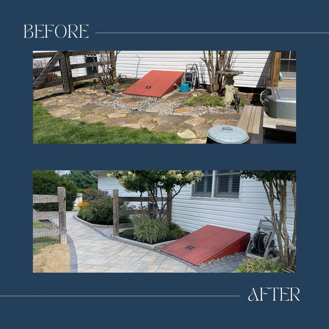 Before and after of a Techo Bloc Blu 60 walkway in Chester Springs Pa.  We used the existing stone in a different part of their property as garden stepping stones.  #meanixlandscaping #techopro #techobloc #hardscaping