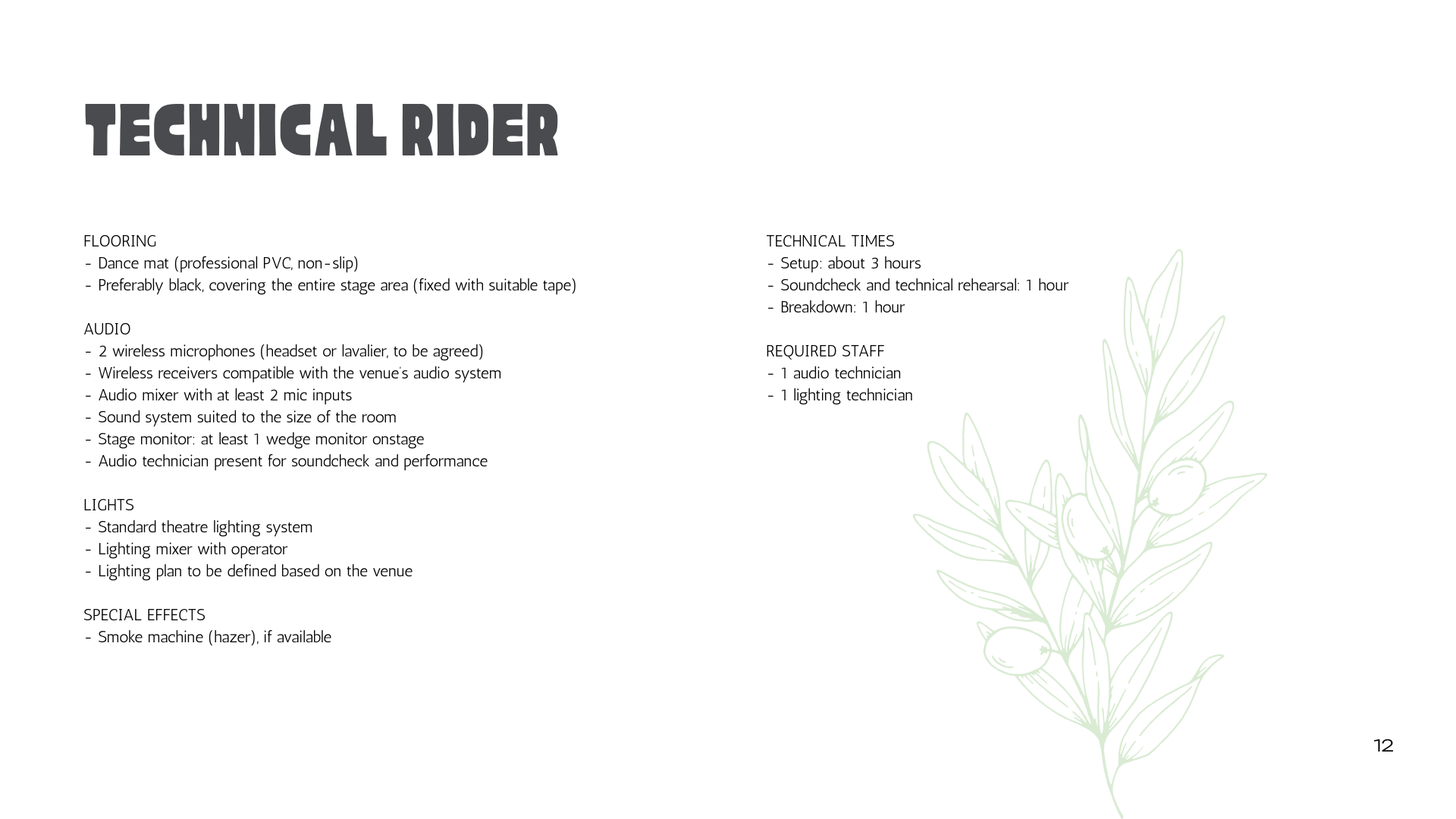 Documento con istruzioni per il tecnico del palco, suddiviso in sezioni come pavimentazione, audio, luci, effetti speciali, tempi tecnici e personale richiesto. Sul lato destro, una delicata illustrazione verde di foglie e frutti, e in basso a destra