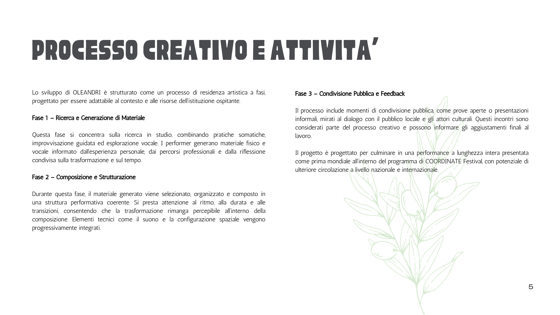 Pagina di documento sul processo creativo e attività, con testo in italiano e un disegno leggero di una pianta verde sul lato destro.