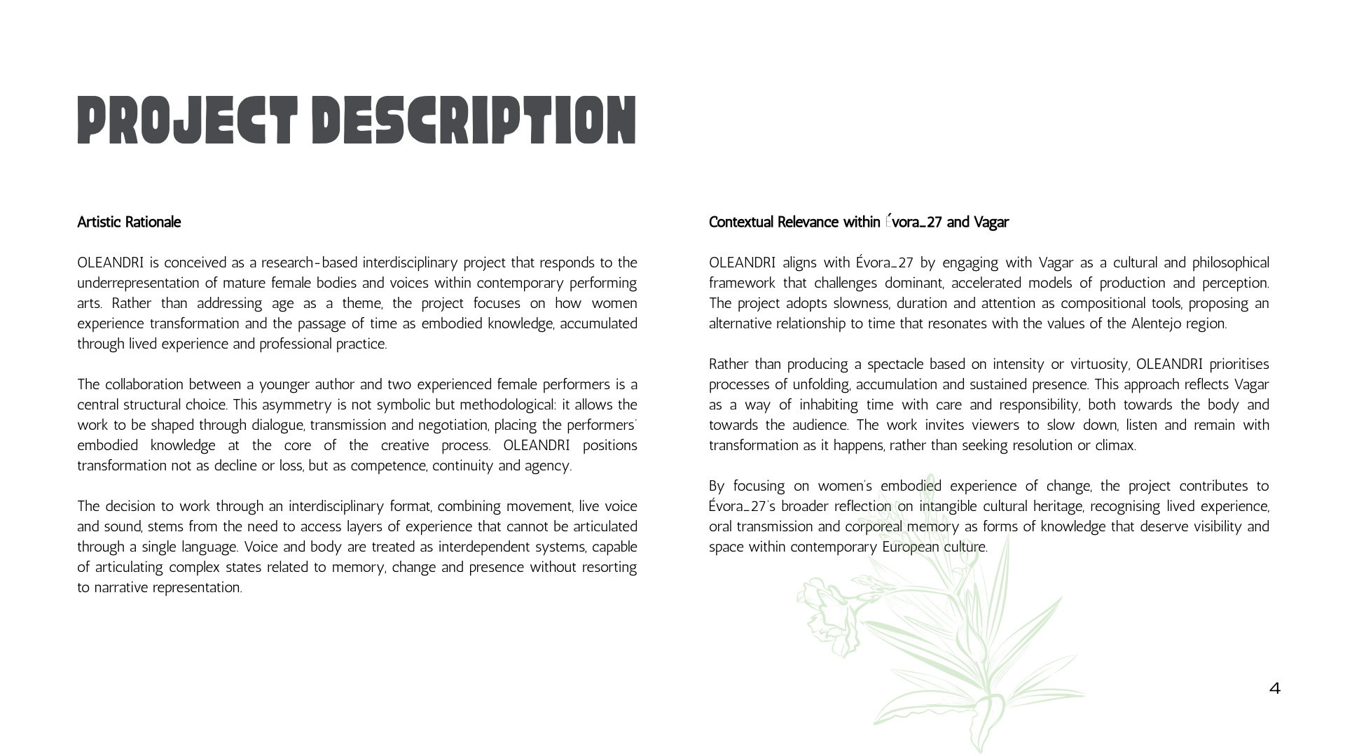Pagina di un documento con il titolo 'PROJECT DESCRIPTION' in grande sovraimpressione. Il testo è diviso in due colonne, a sinistra si parla di un progetto interdisciplinare, a destra si discute della relazione con Évora 27 e Vagar. Sul fondo, un'ill