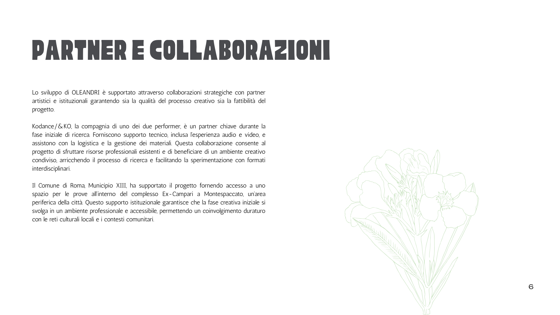 Pagina di documento con titolo "Partner e Collaborazioni" in carattere grande e grassetto, testo descrittivo in italiano a sinistra e un'illustrazione sottile di fiori verdi a destra, con numero di pagina 6 in basso a destra.