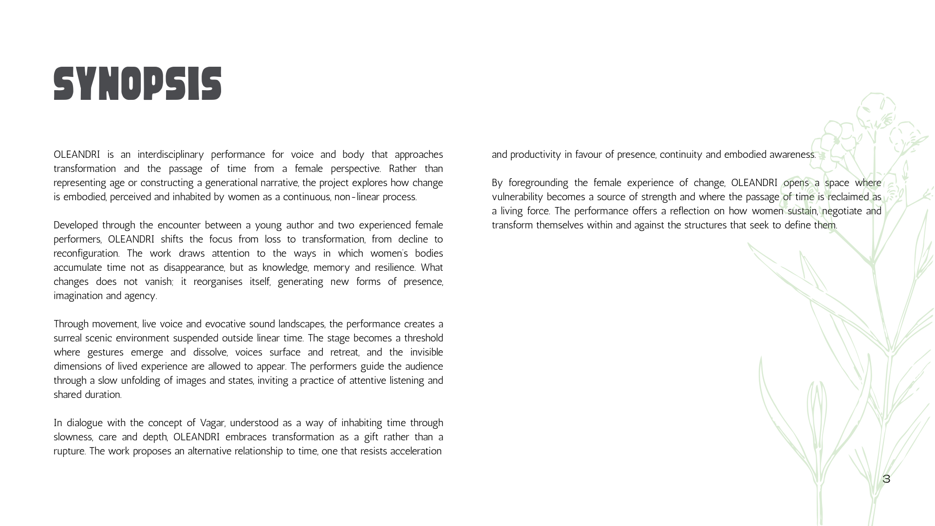 Pagina del PDF con il titolo 'SYNOPSIS' in alto a sinistra, testo descrizione di uno performance intitolata OLEANDRI, e un disegno di un fiore di oleandro in modo sottile e verde chiaro sul lato destro con alcune foglie e rami.