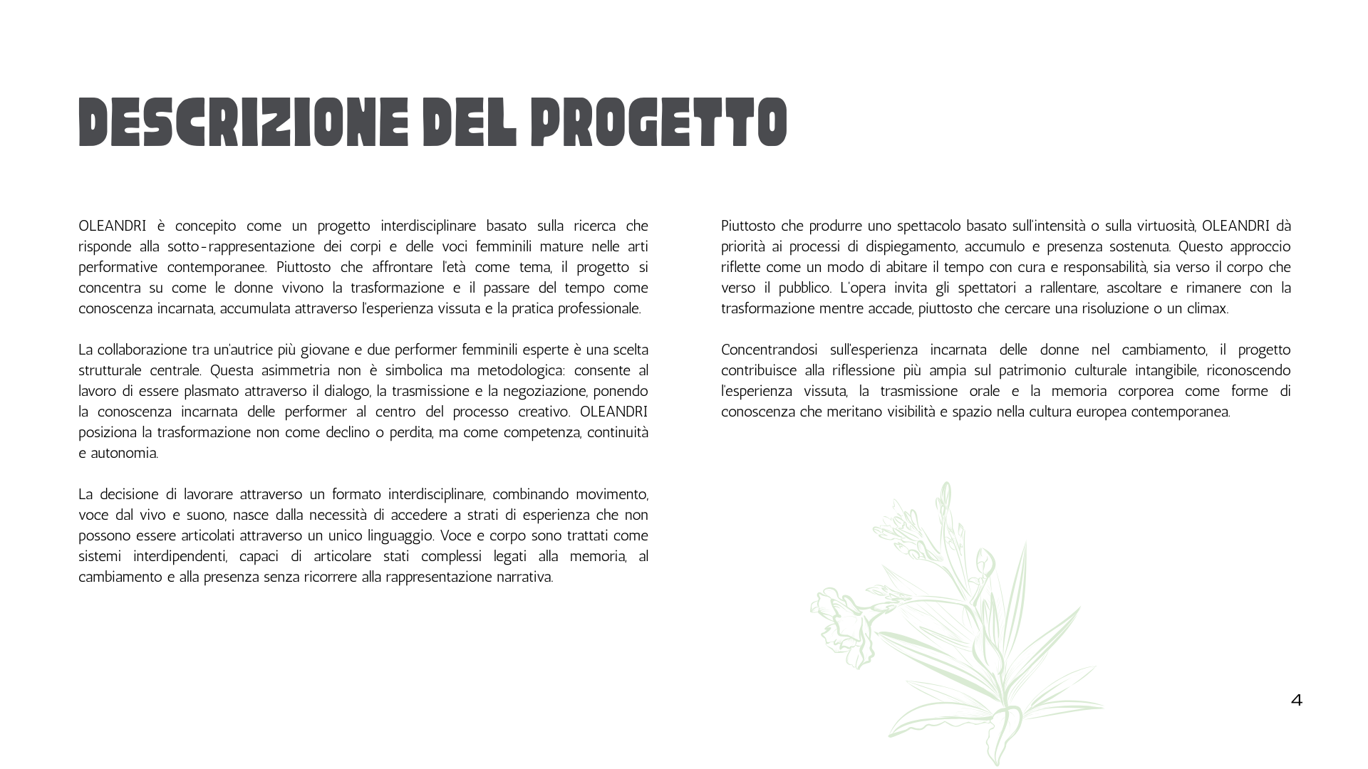 Pagina di un documento con il titolo 'Descrizione del progetto' in grassetto, testo in italiano e un'illustrazione di una pianta verde chiaro in basso a destra.