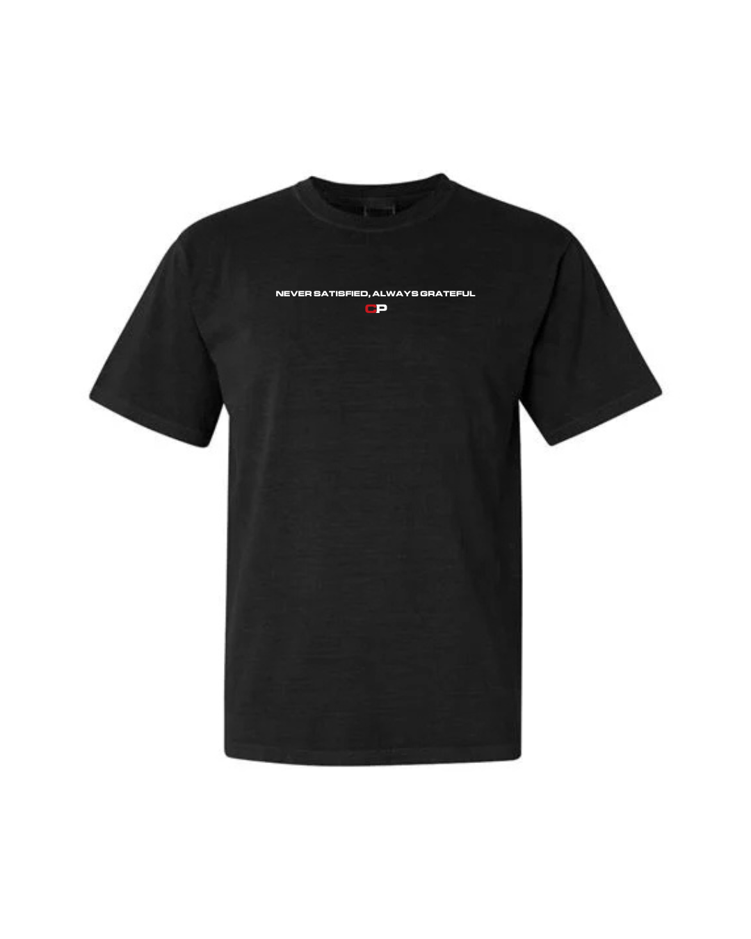 never satisfied, always grateful Mens Tee Front black.png