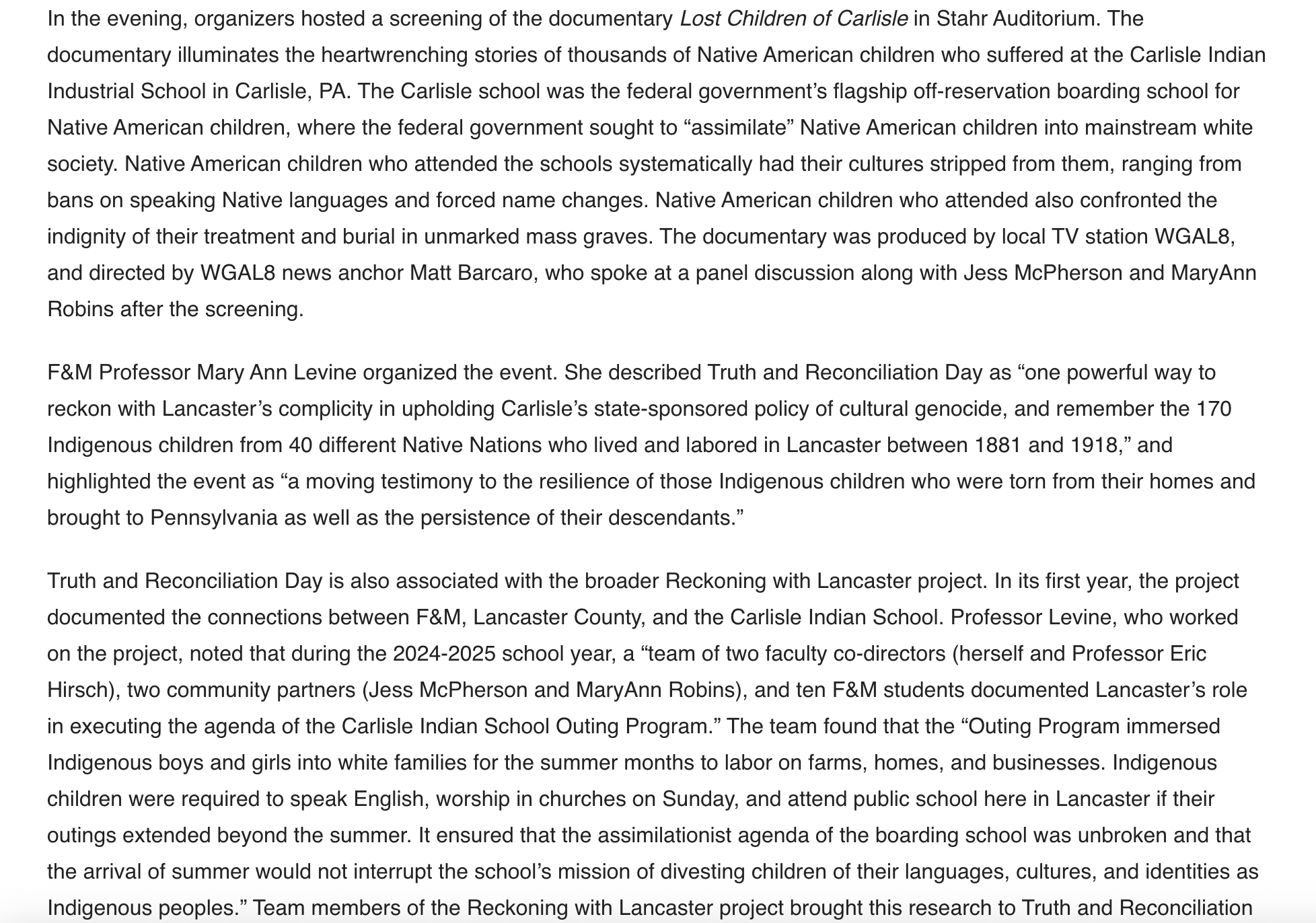 A description of the evening event for Truth and Reconciliation Day, a viewing of the documentary "Lost Children of Carlisle."