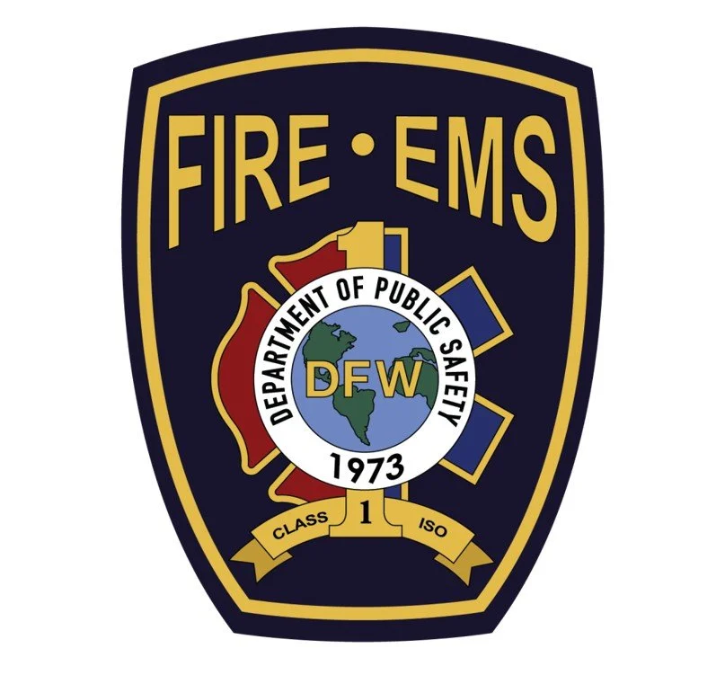 Fire rescue patch for DFW Airport with Texas state outline, airplane, and the year 1973.