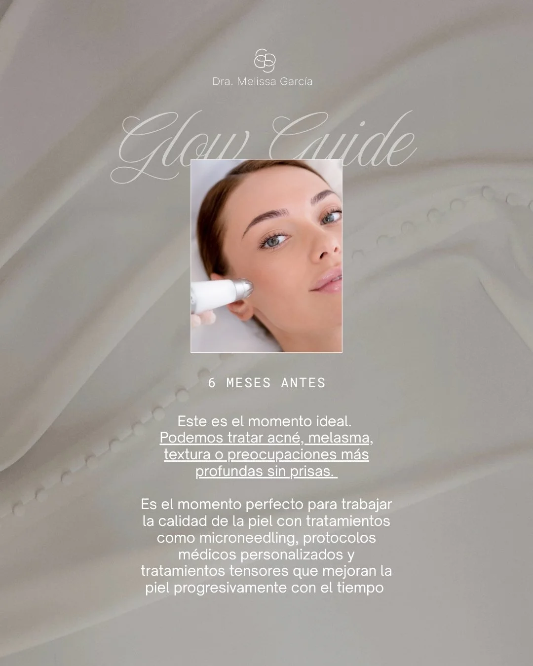 Consejo de cuidado de la piel con una mujer recibiendo tratamiento facial. Texto en fondo gris con instrucciones y recomendaciones para mejorar la piel con tratamientos y productos.
