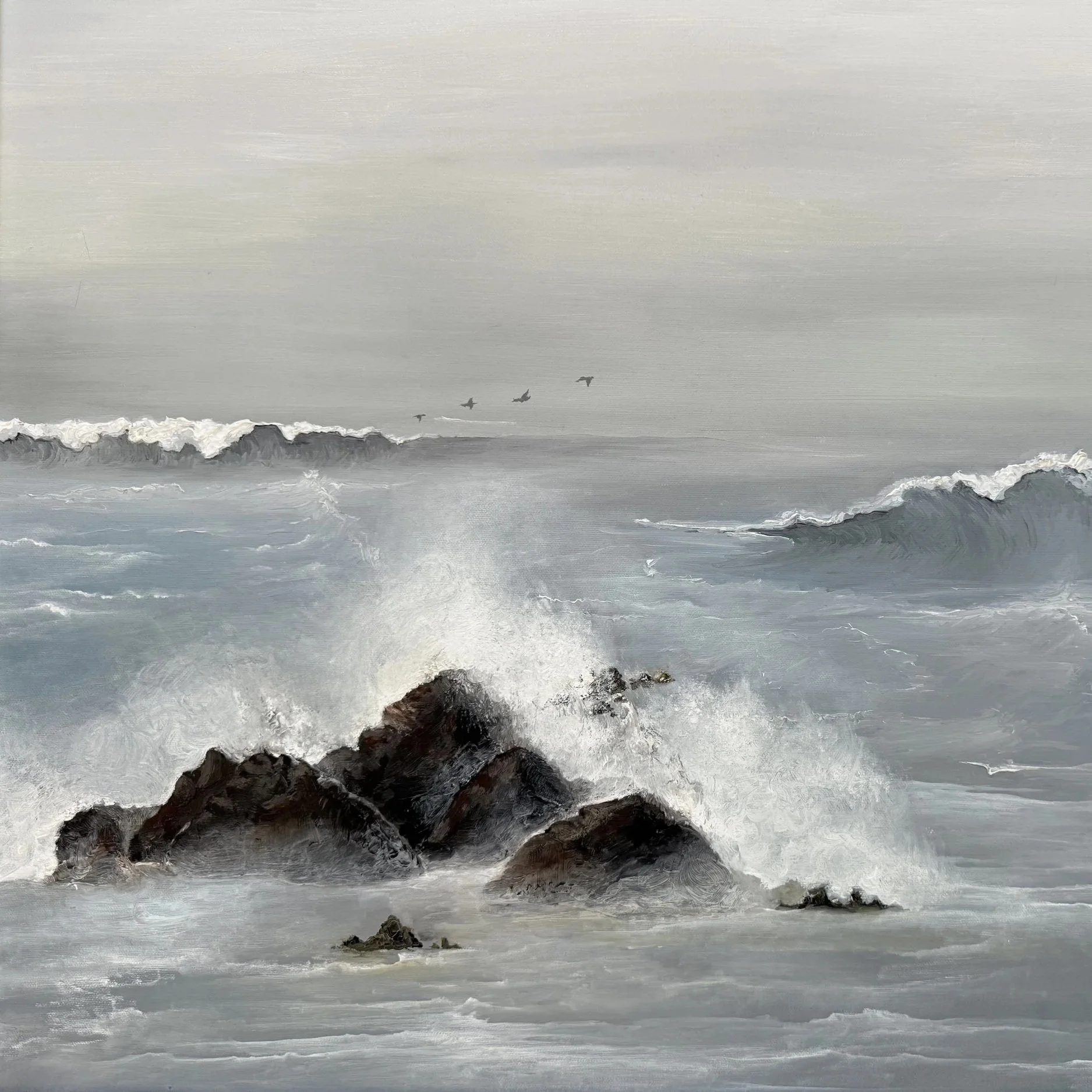 A dark, impressionistic landscape painting of a city skyline with a cloudy sky in the background, and a white dog resting on the ground in the foreground.