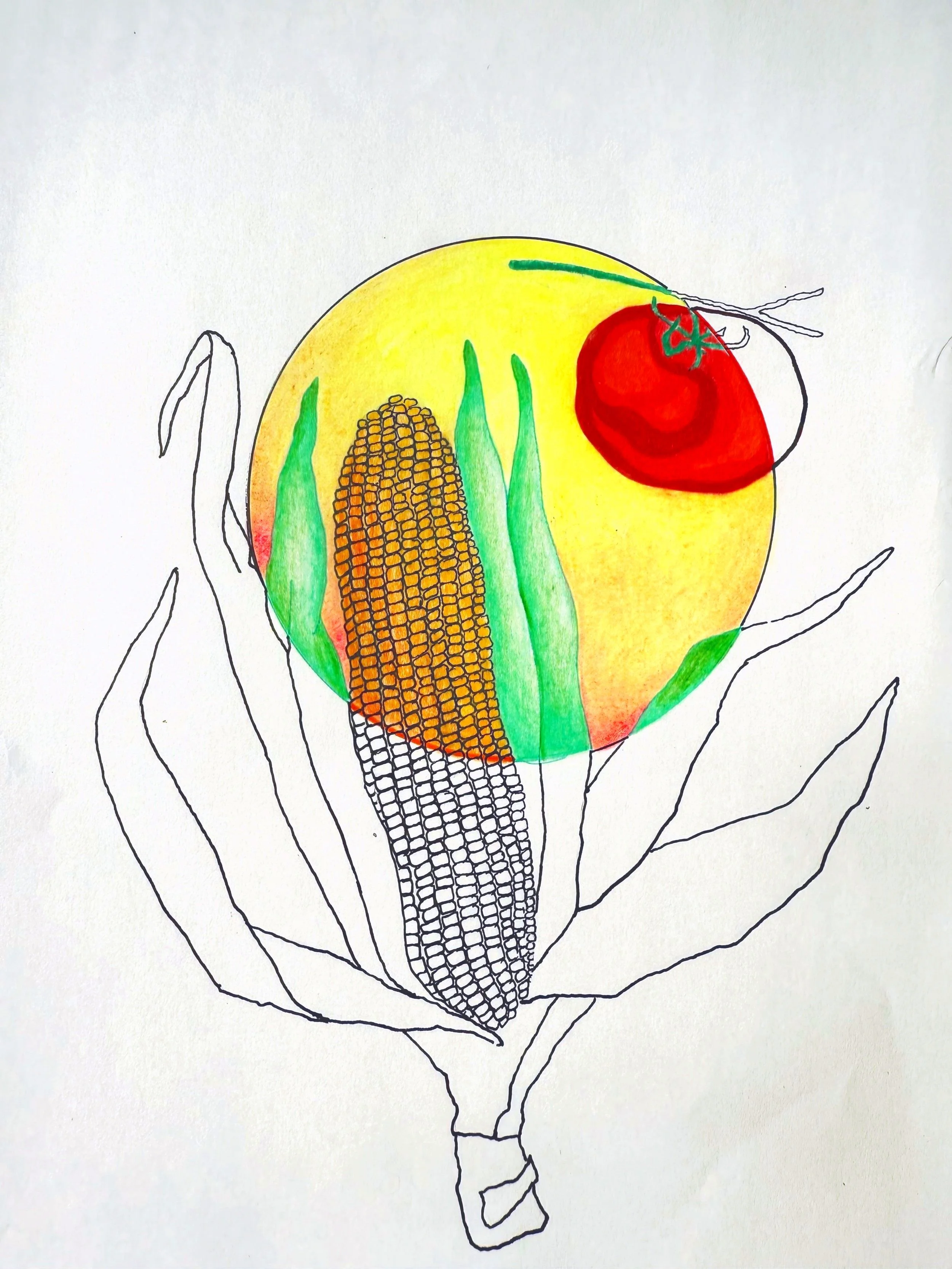 A colorful drawing of a tomato, corn, and green vegetables inside a yellow circle, with an outline of a vegetable or flower beneath.