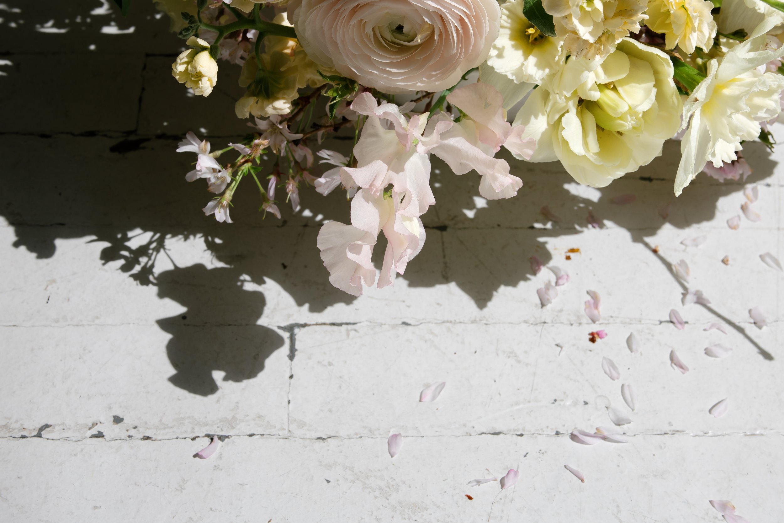 A bouquet of white and pale pink flowers on a white surface, with some petals fallen around