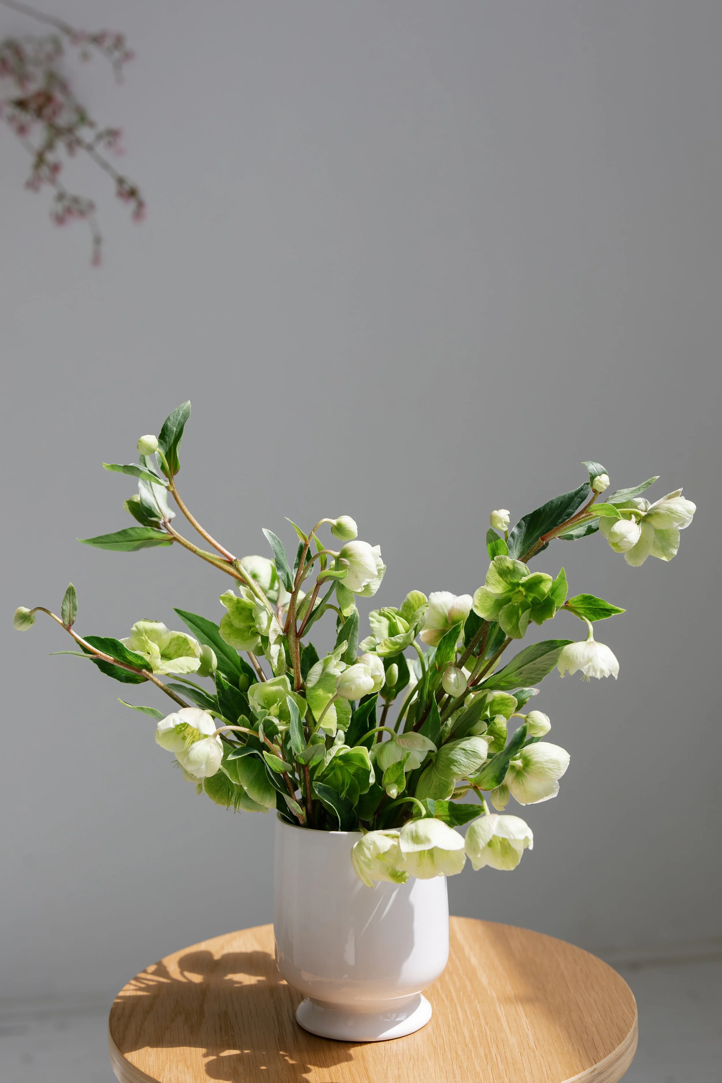 A white vase with a floral arrangement of green and white flowers and leaves, placed on a wooden table with sunlight casting shadows.