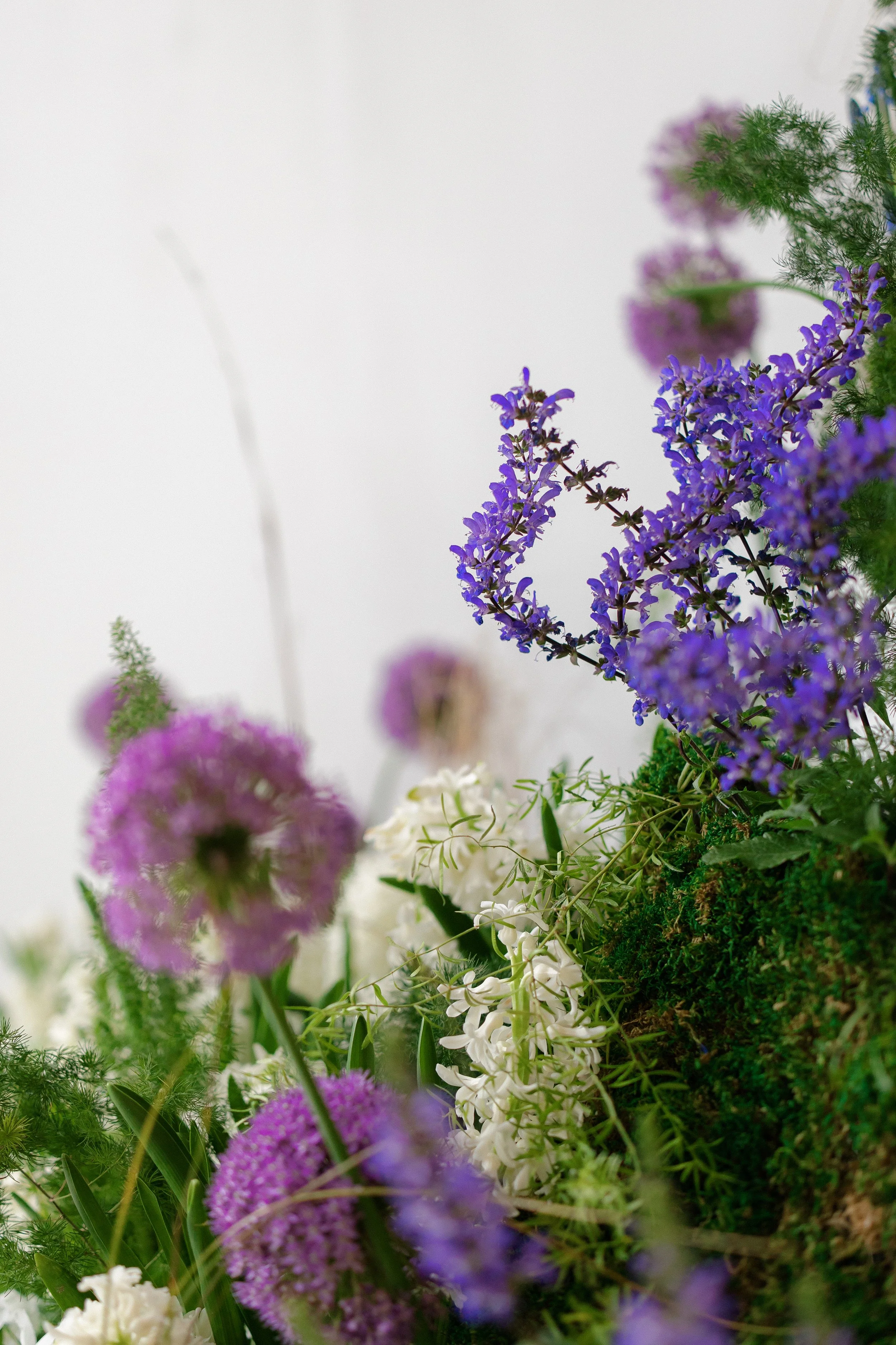 Close-up of a colorful flower arrangement with purple catmint, white hyacinth, and lush green foliage, and moss on a plain light background photographed by Lindsey Stephany from Rochester, NY.