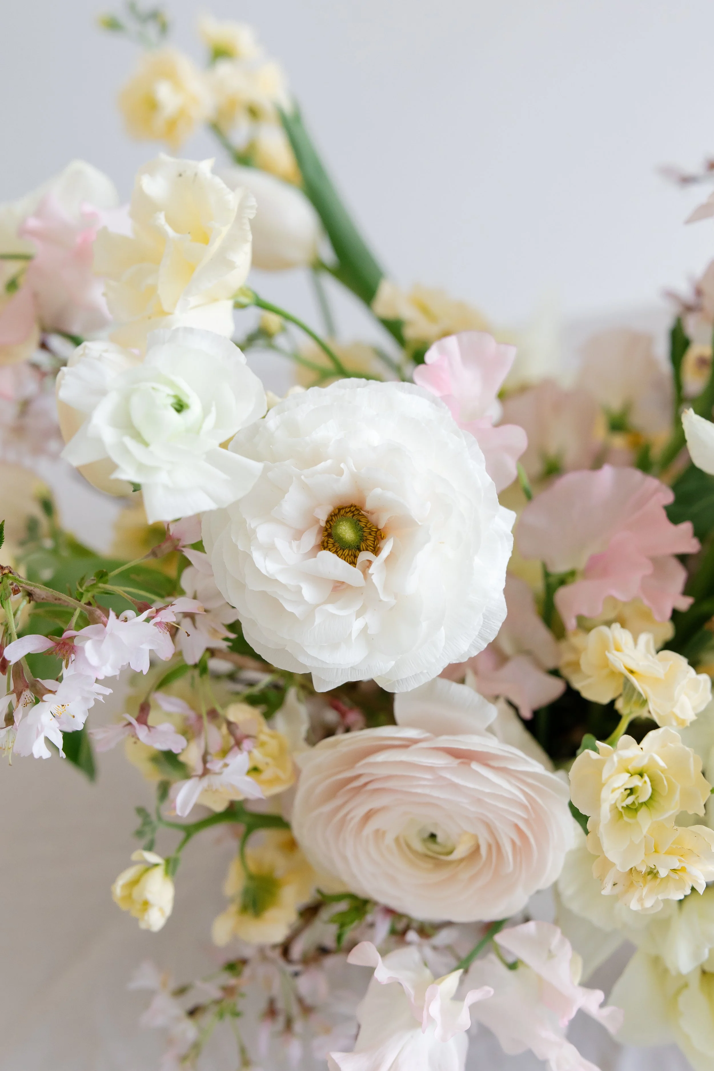Close-up of a bouquet of flowers including white and pale pink roses, light pink snapdragons, yellow stock, and other pastel-colored blooms against a neutral background in Pittsford, NY.