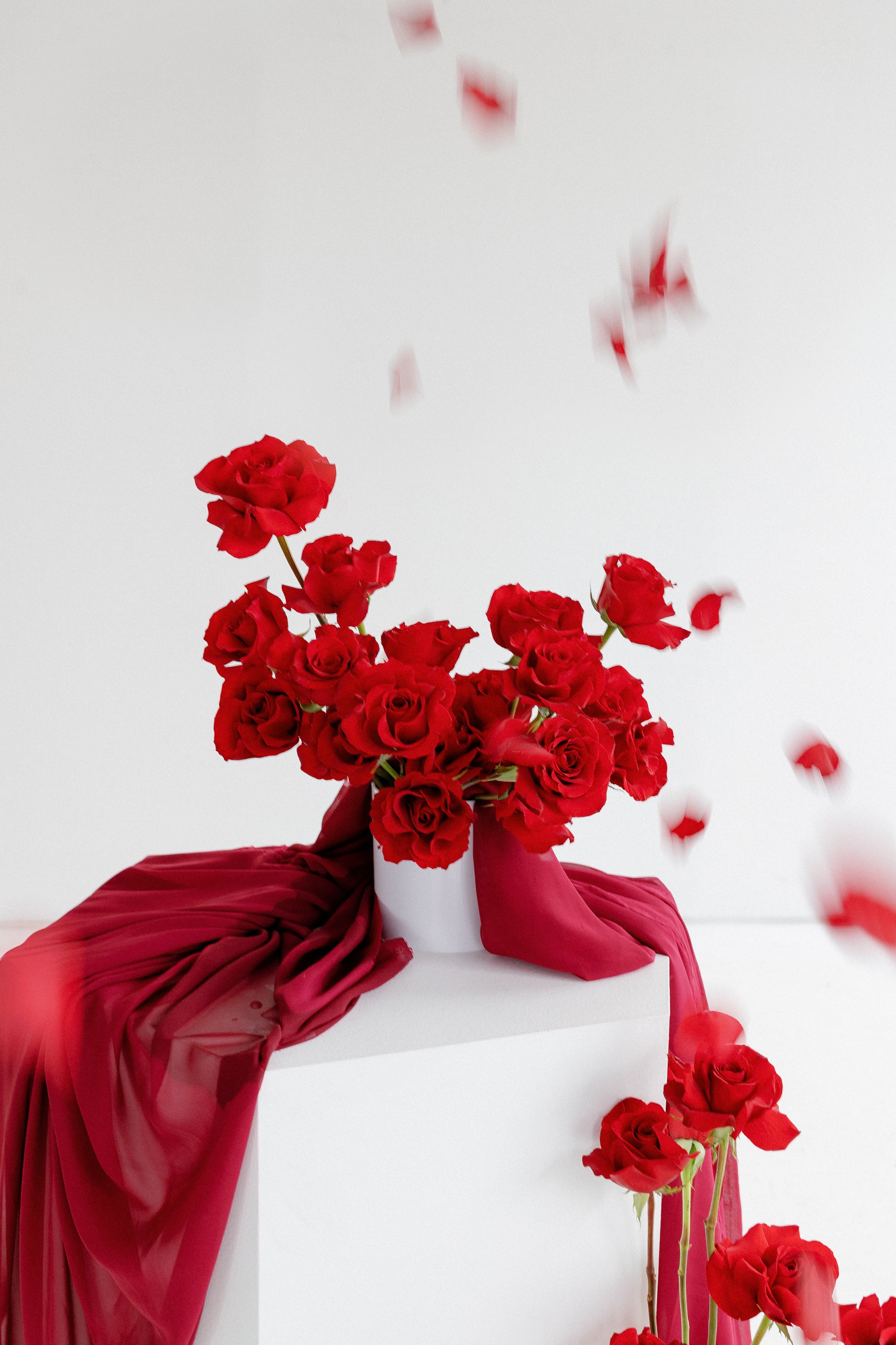 A bouquet of red roses in a white vase on a white pedestal, with red fabric draped around the base and falling down the side. Red rose petals are falling from above against a white background of Jacalyn Meyvis's photography studio.