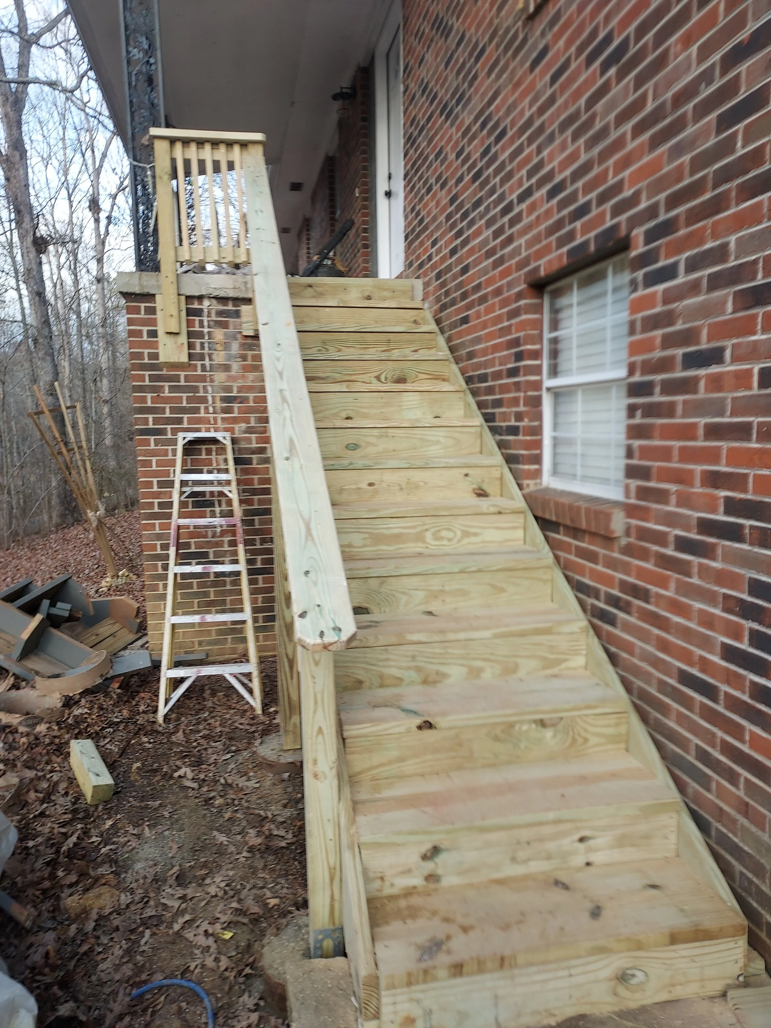 Exterior wood stair system.