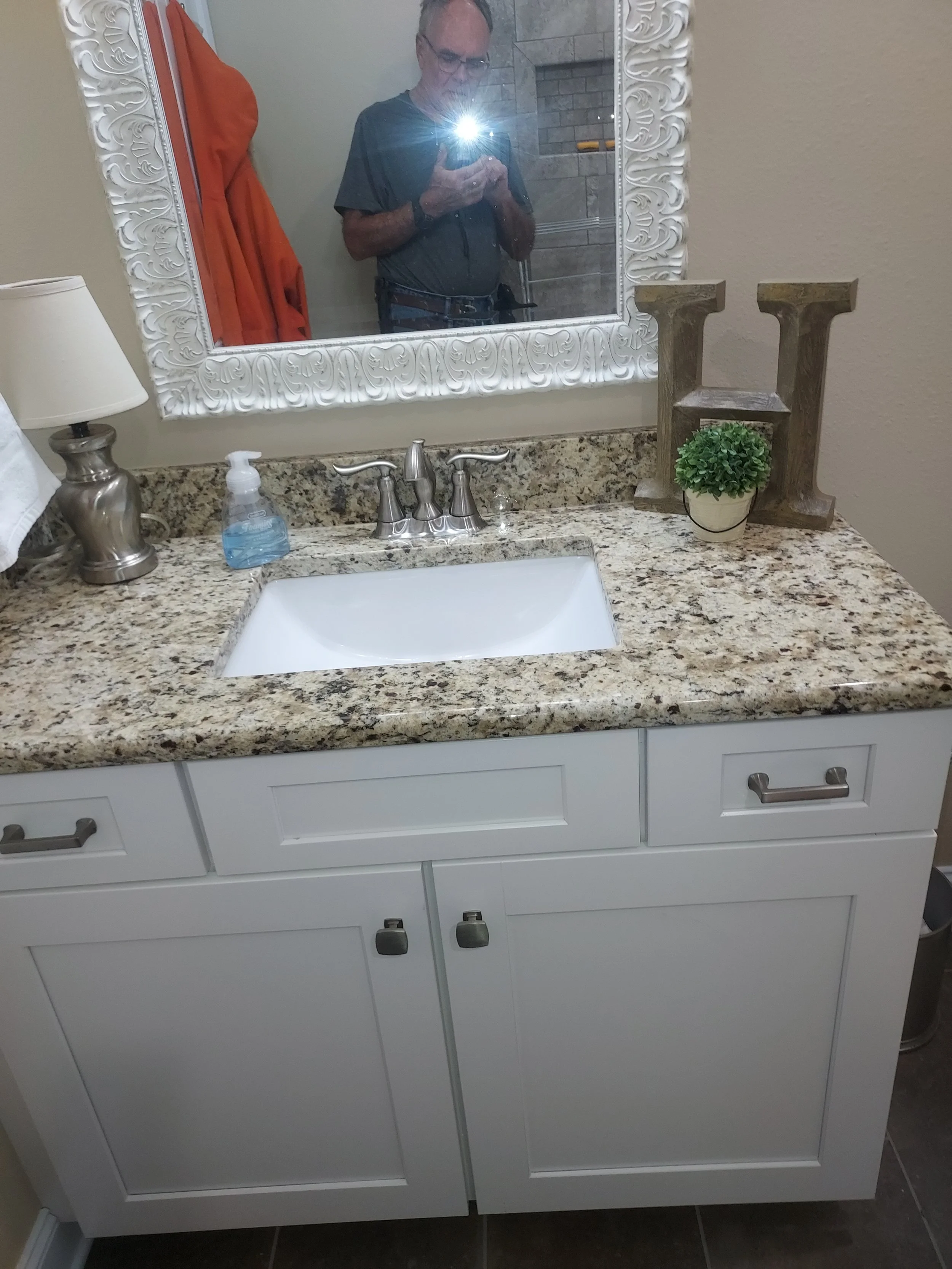 bathroom remodel, cabinets, framing, finishes, lighting, flooring