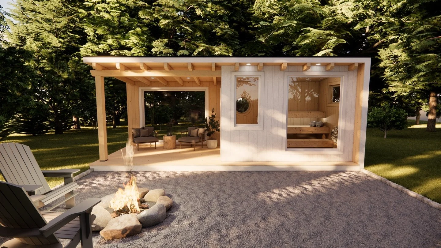 More than a sauna, this client&rsquo;s design creates a full backyard retreat.
With a private changing room and comfortable sitting area, it&rsquo;s the perfect poolside escape in every season. 
And that round @andersen_windows 😍

Rendering by @king