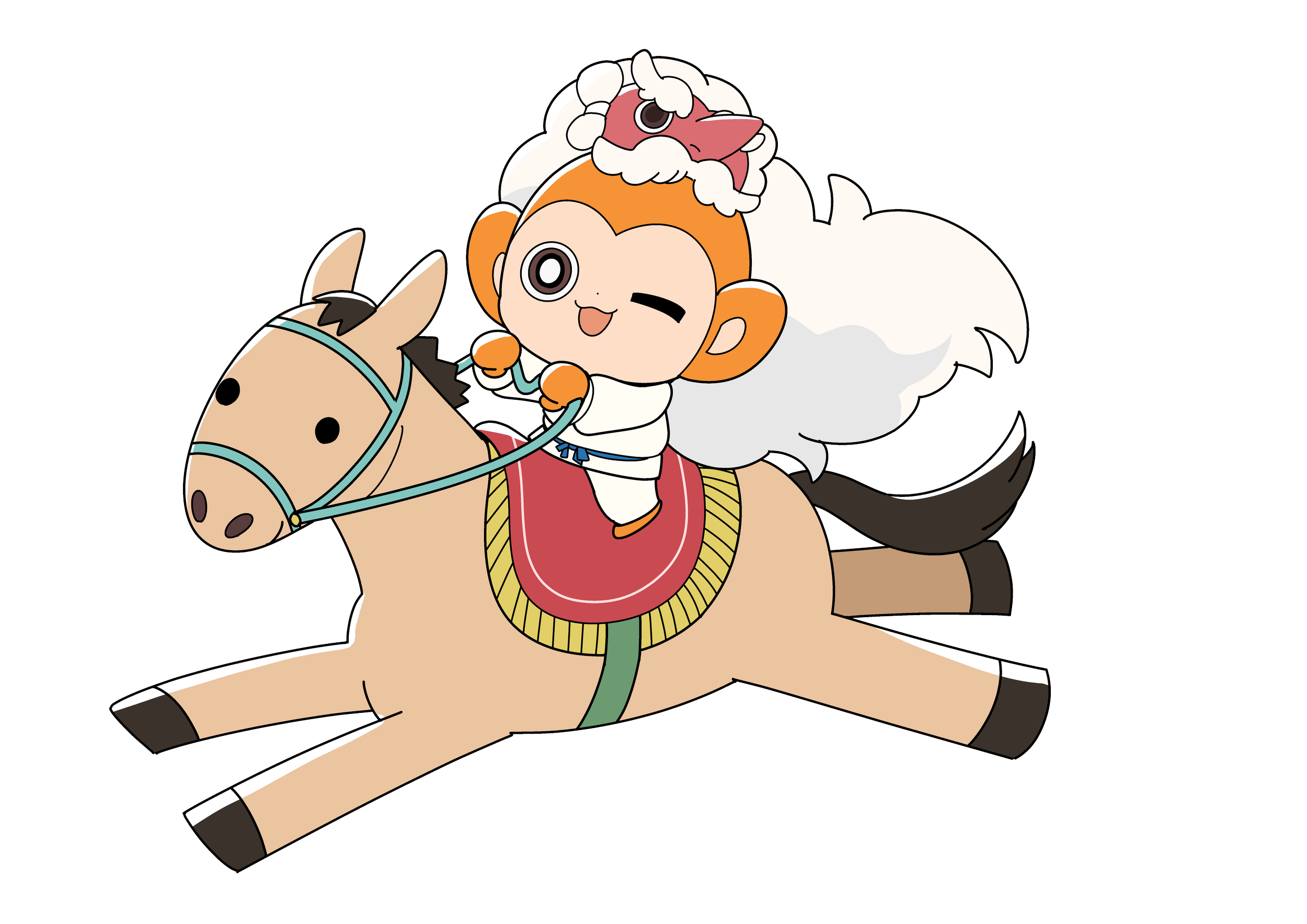 子供キャラクターが馬に乗っていて、ワッペンや帽子をかぶっている。