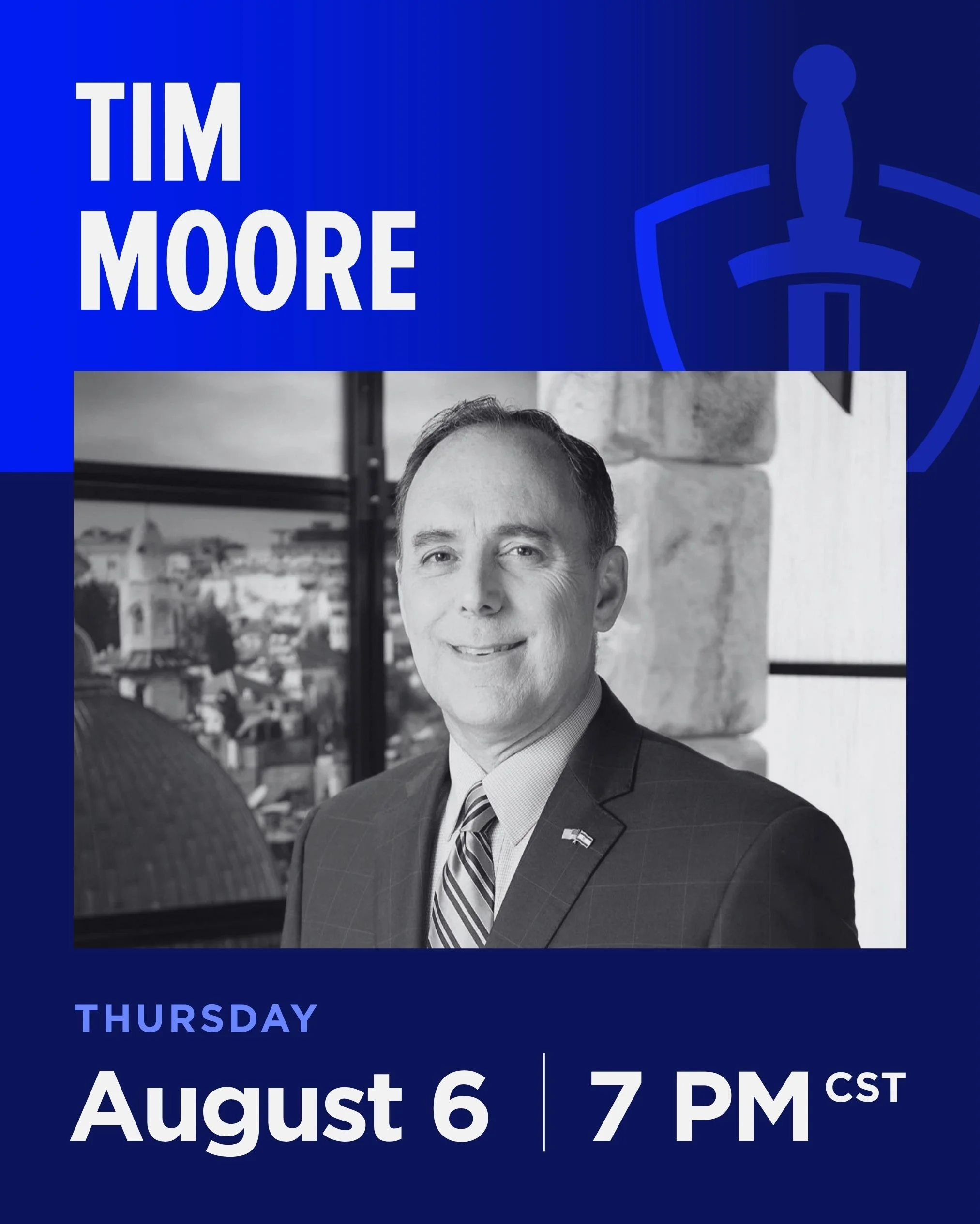 A promotional graphic featuring Tim Moore, a man in a suit and tie, with event details for Thursday, August 6, at 7 PM CST.