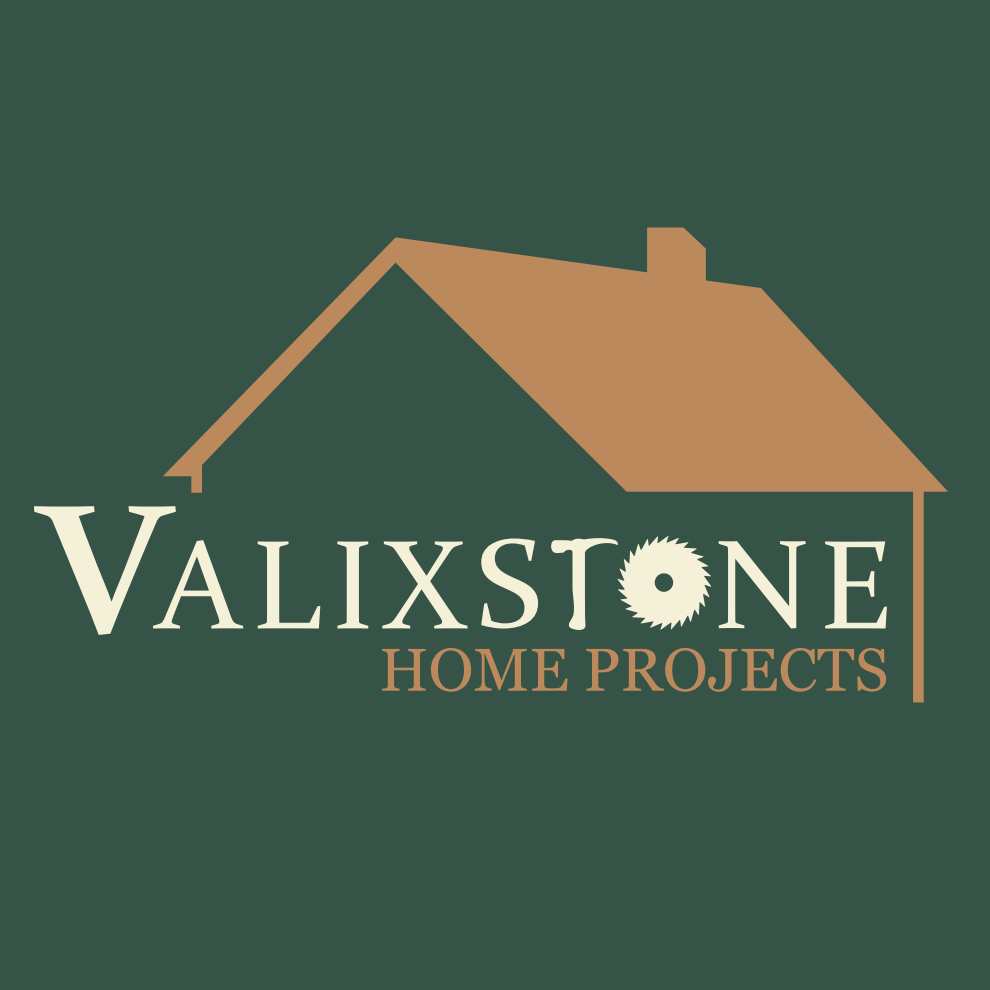 Logo of Valixstone Home Projects featuring a stylized house roof and text with a circular saw blade design and a stilleto hammer element.