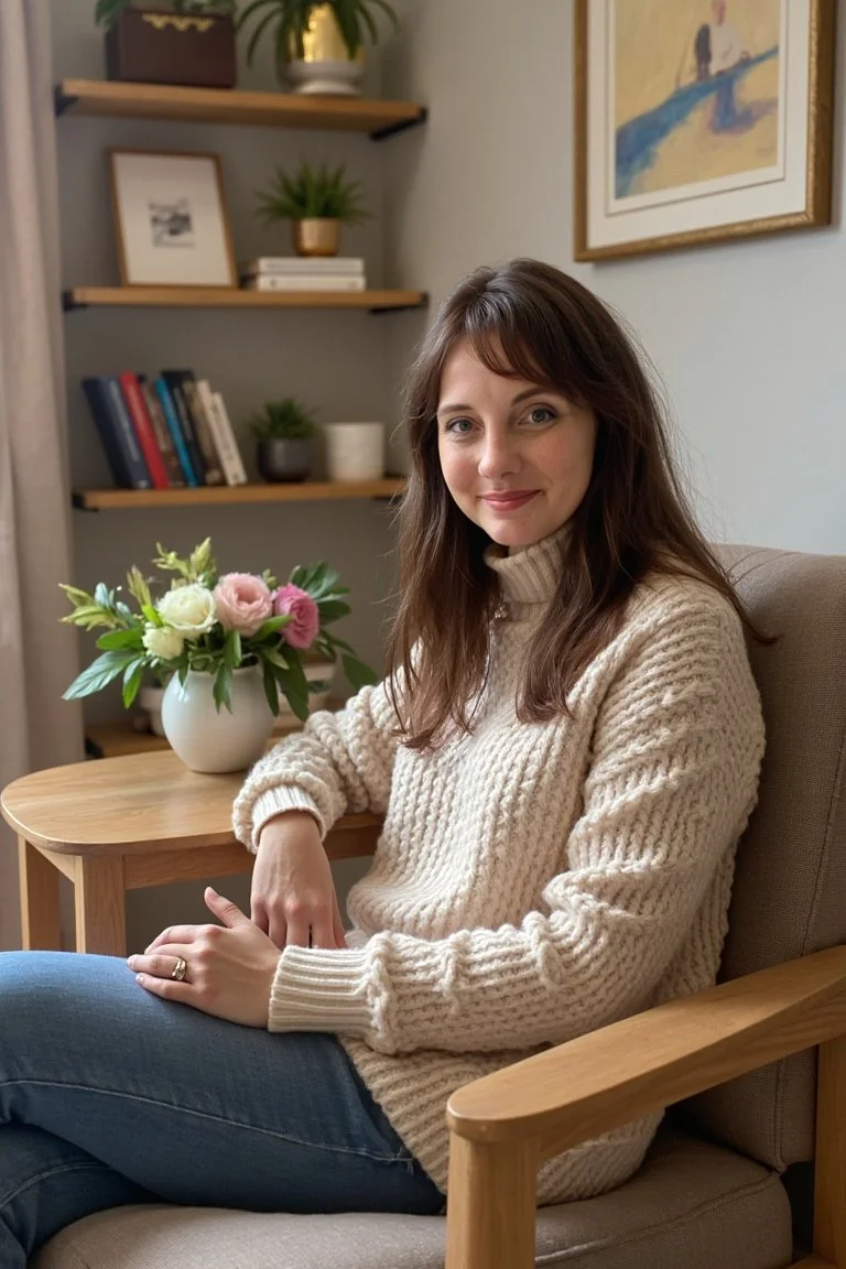 Kia Gutierrez LMFT, A woman with brown hair sitting in a wooden armchair near a small wooden table with a vase of pink and white flowers, in a cozy living room with bookshelves and artwork on the wall.