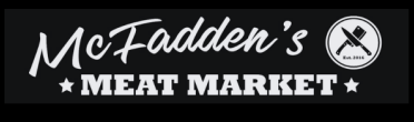 Logo for McFadden's Meat Market featuring text and a meat cleaver icon.