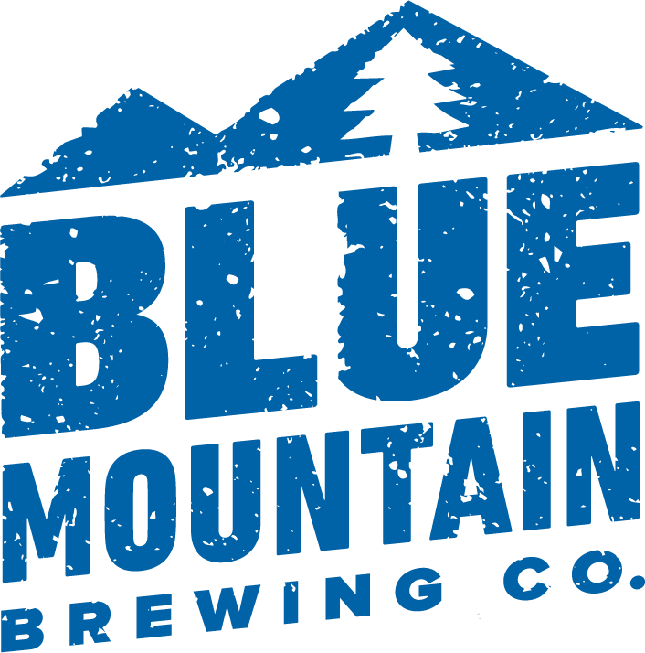 A logo for Blue Mountain Brewing Co. featuring a mountain and pine tree silhouettes in blue.
